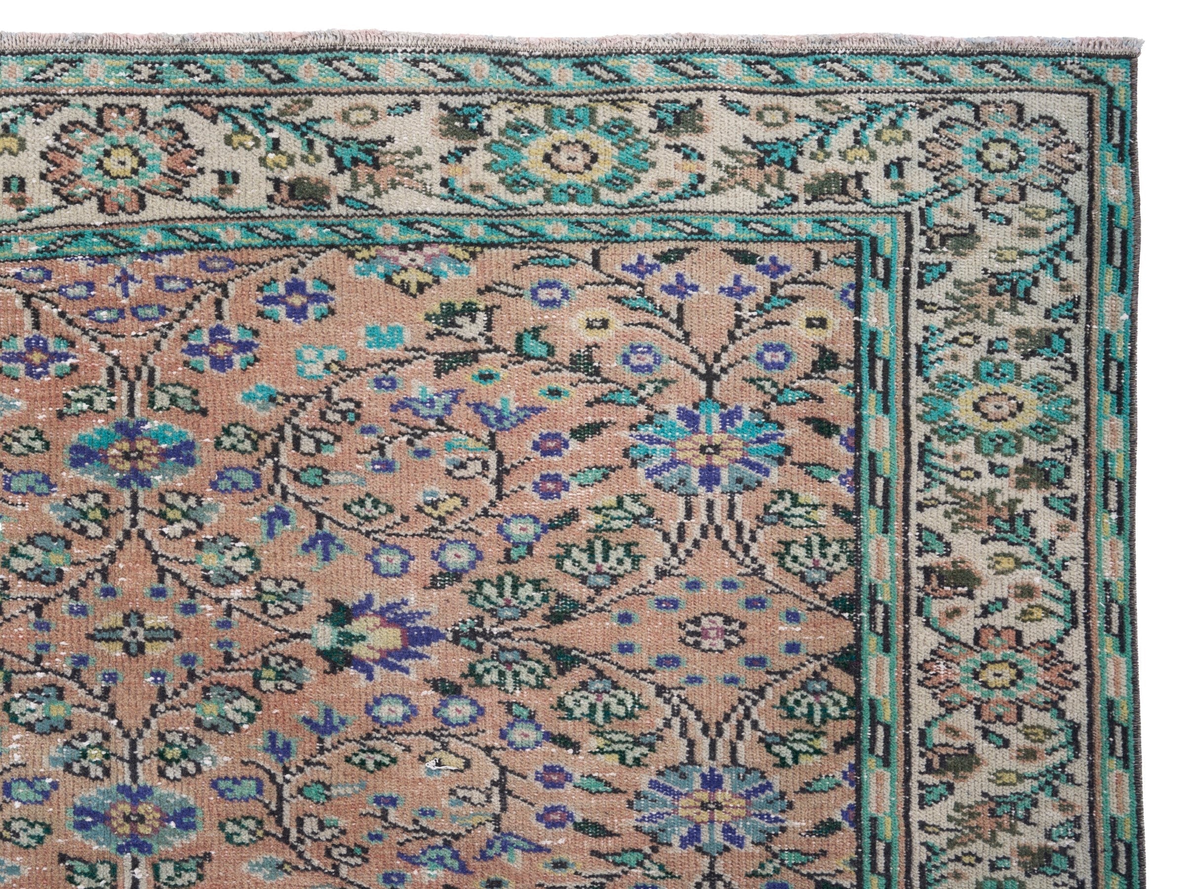 Turkish Manisa area rug in dusty rose and sage, view 8 of 10