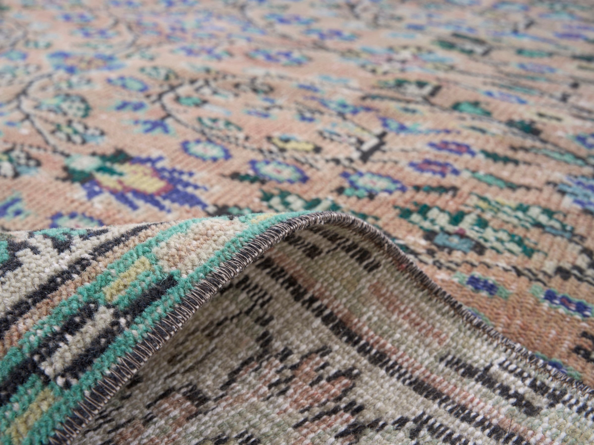 Turkish Manisa area rug in dusty rose and sage, view 9 of 10