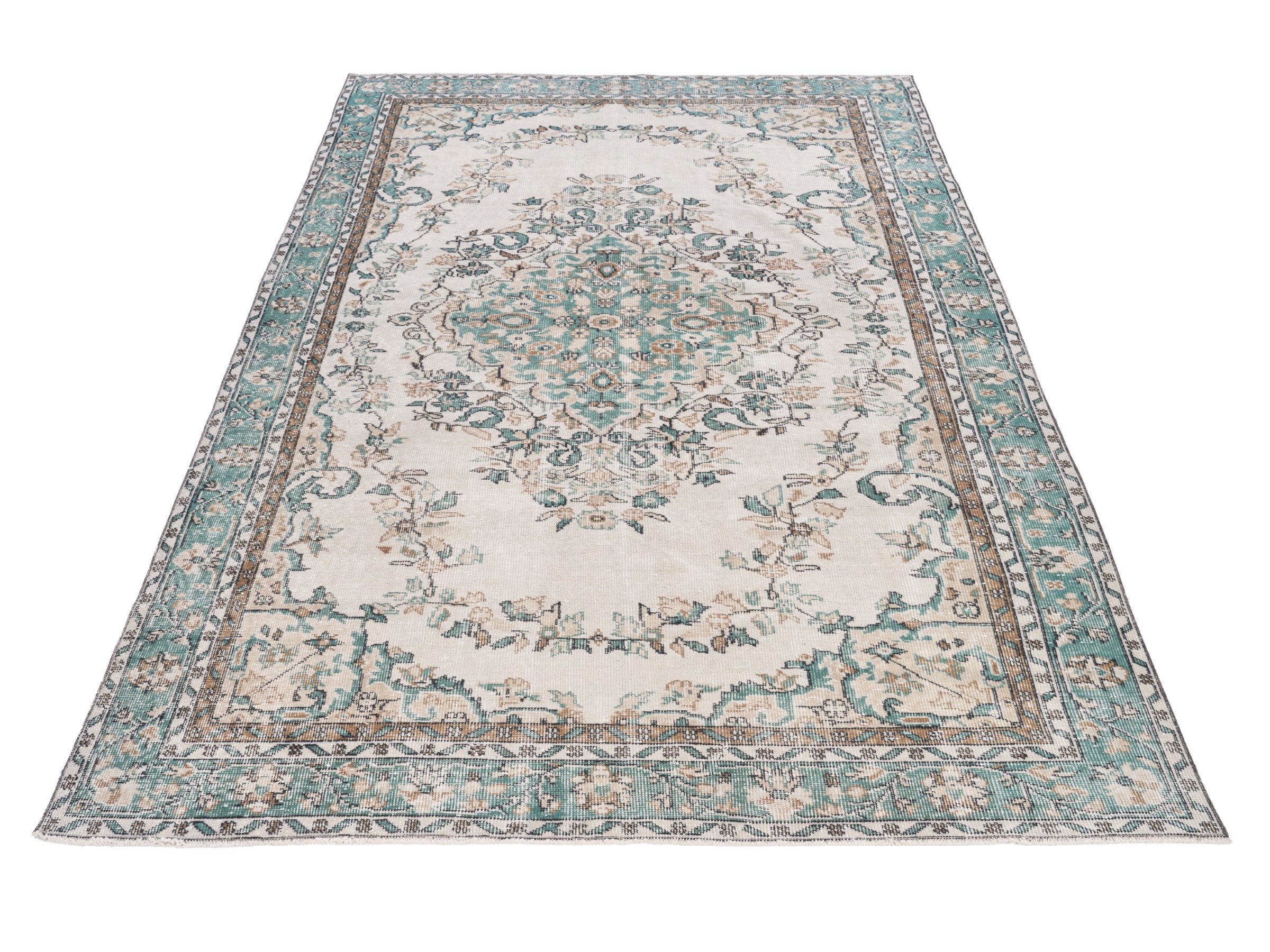Turkish Isparta area rug in cream and teal, view 2 of 10