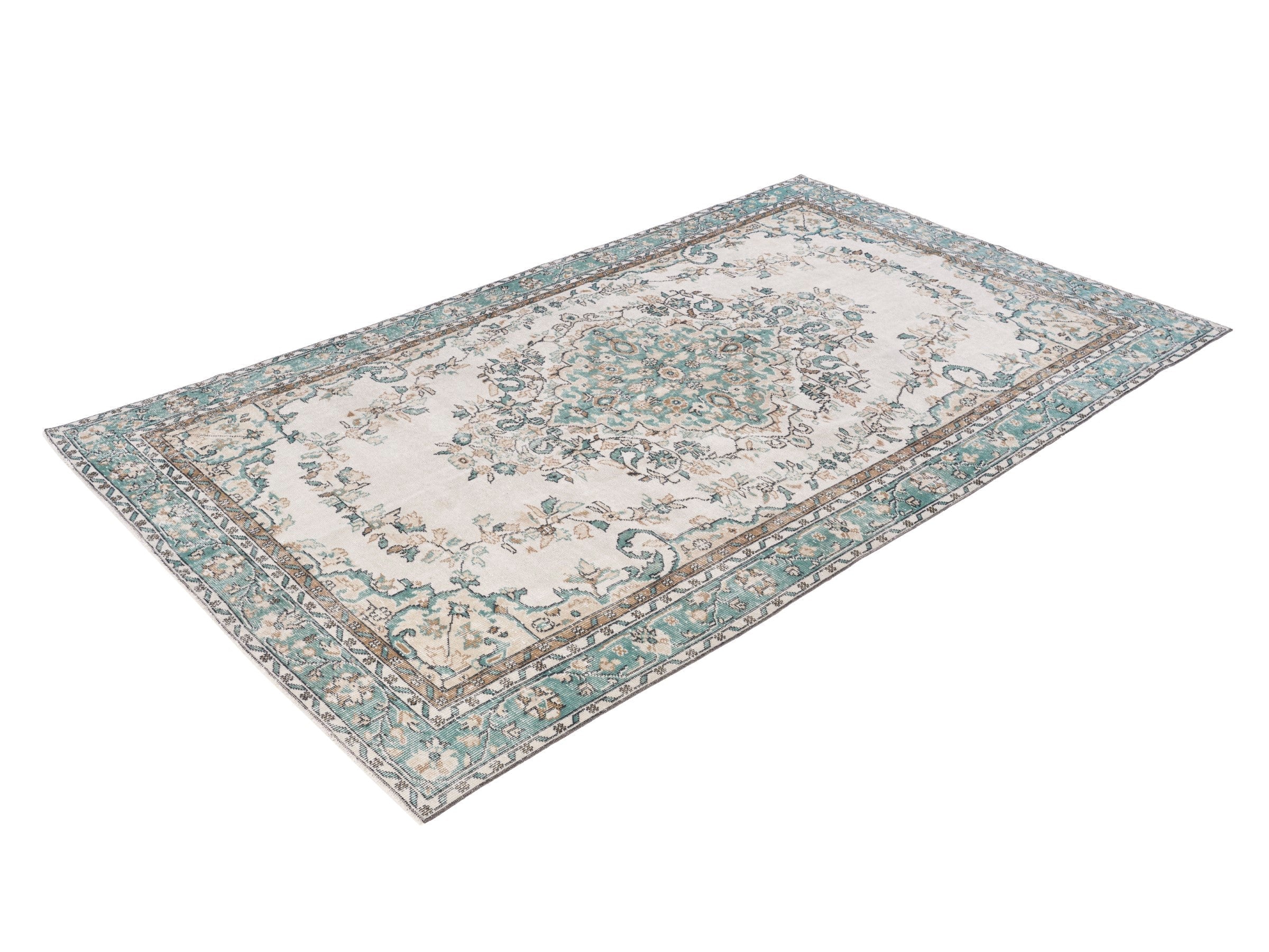 Turkish Isparta area rug in cream and teal, view 3 of 10