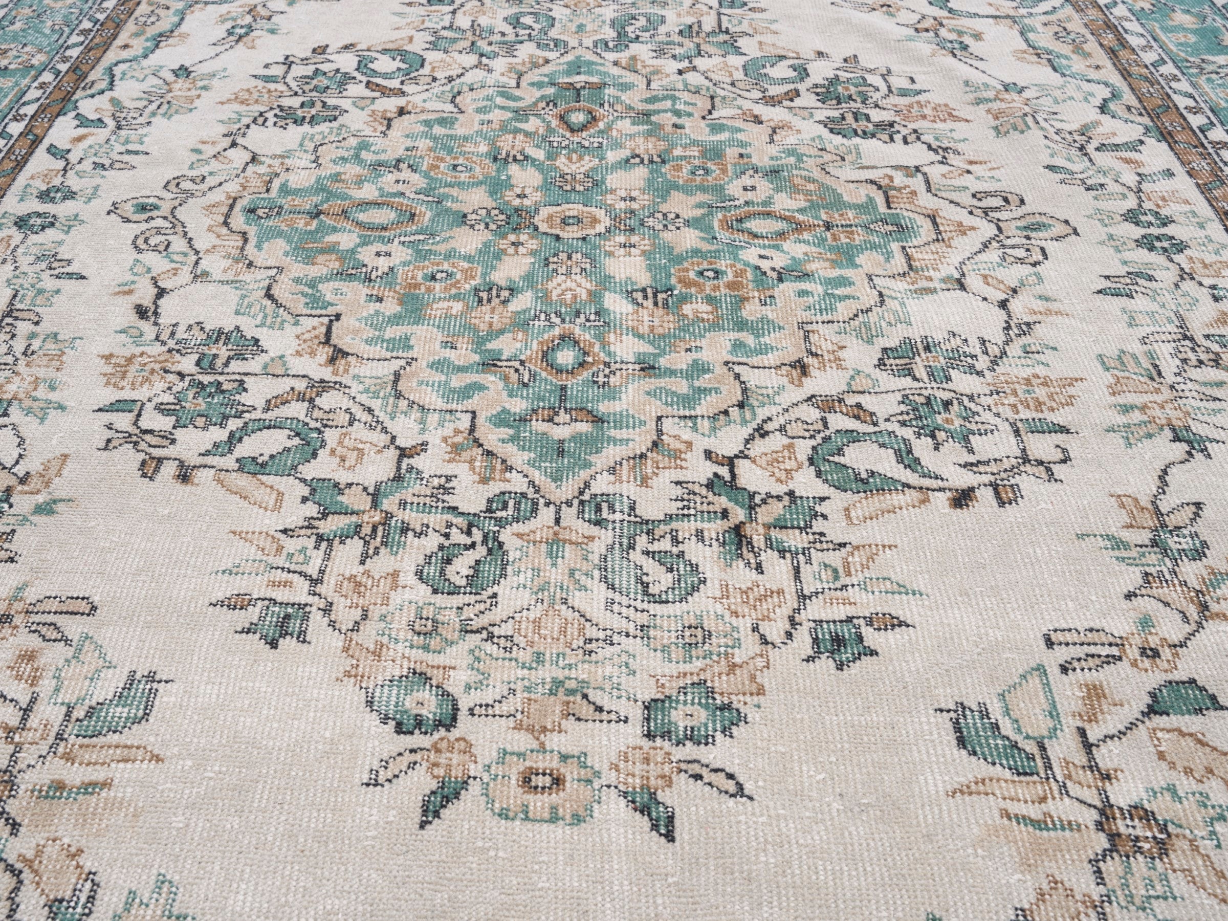 Turkish Isparta area rug in cream and teal, view 4 of 10