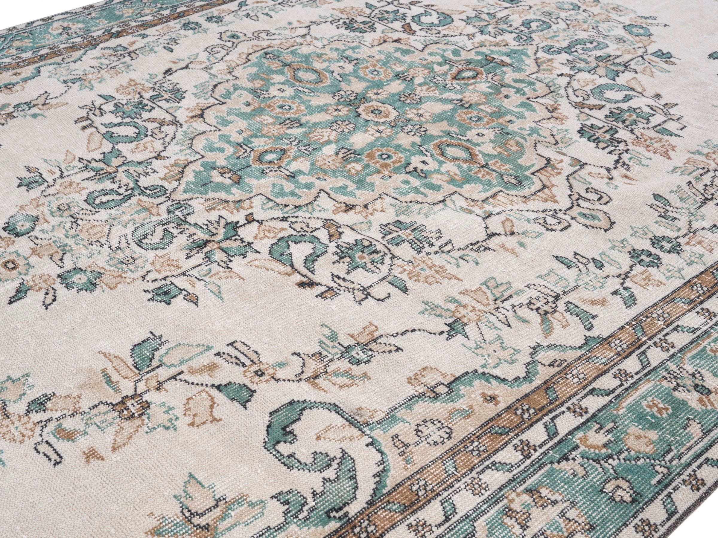 Turkish Isparta area rug in cream and teal, view 5 of 10