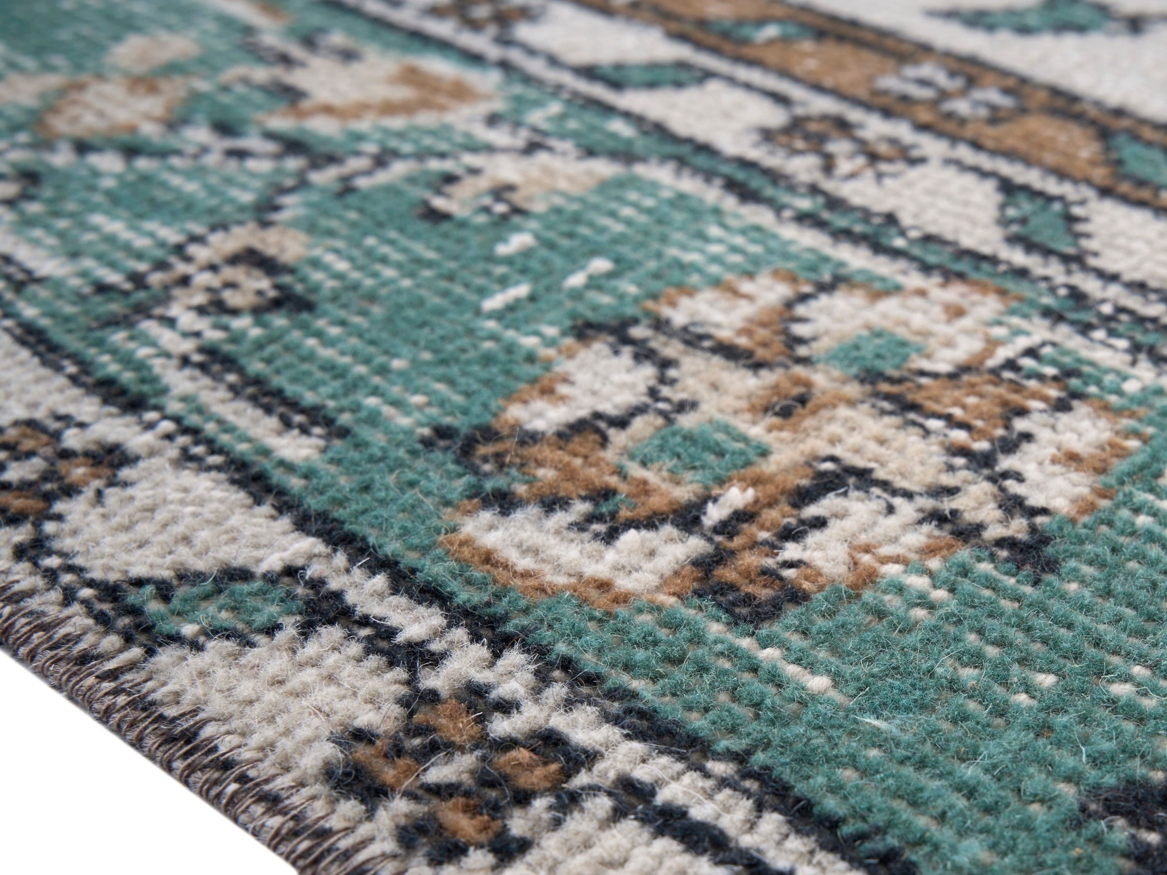 Turkish Isparta area rug in cream and teal, view 6 of 10