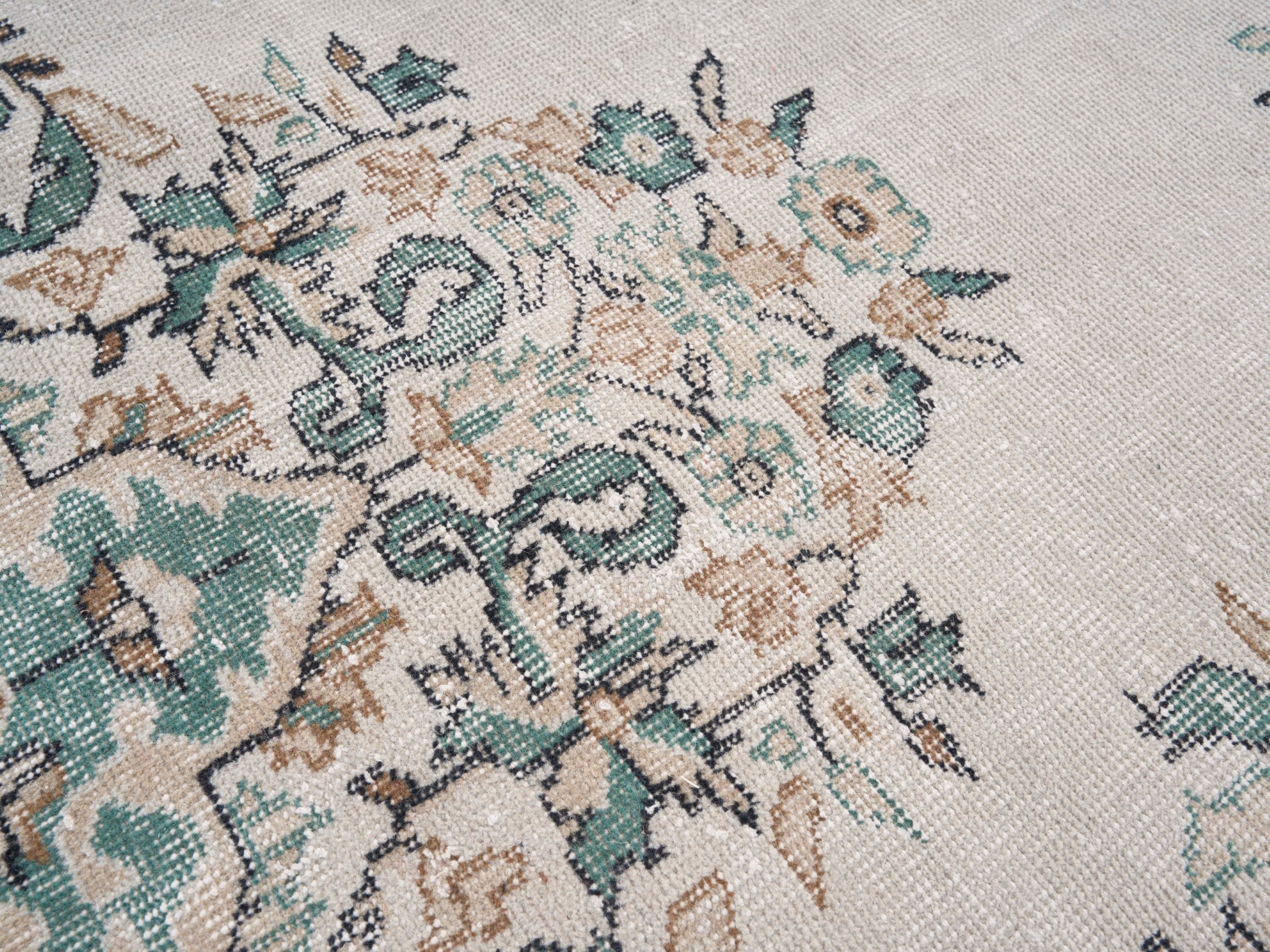 Turkish Isparta area rug in cream and teal, view 7 of 10