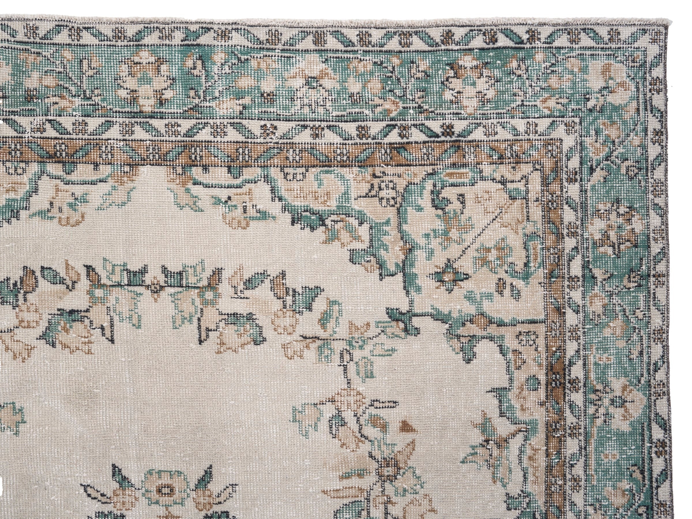 Turkish Isparta area rug in cream and teal, view 8 of 10
