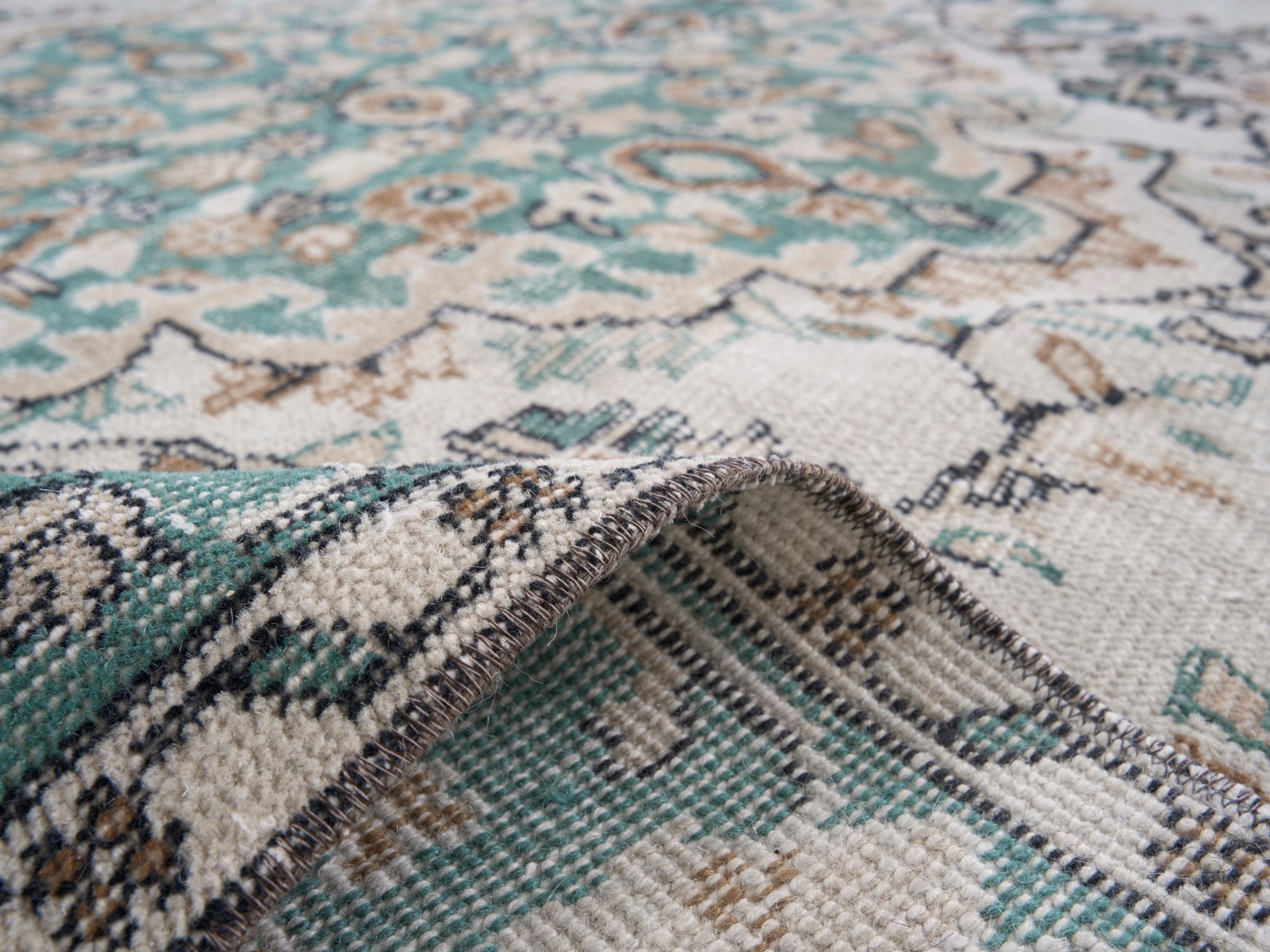 Turkish Isparta area rug in cream and teal, view 9 of 10
