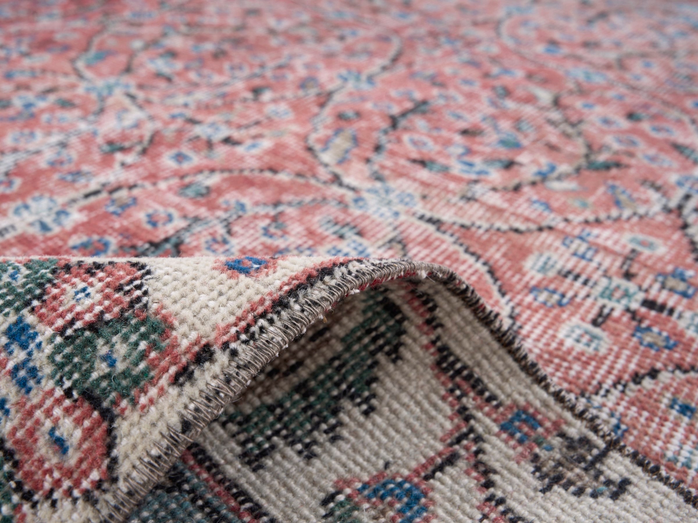 Turkish Isparta area rug in rose and cream, view 9 of 10