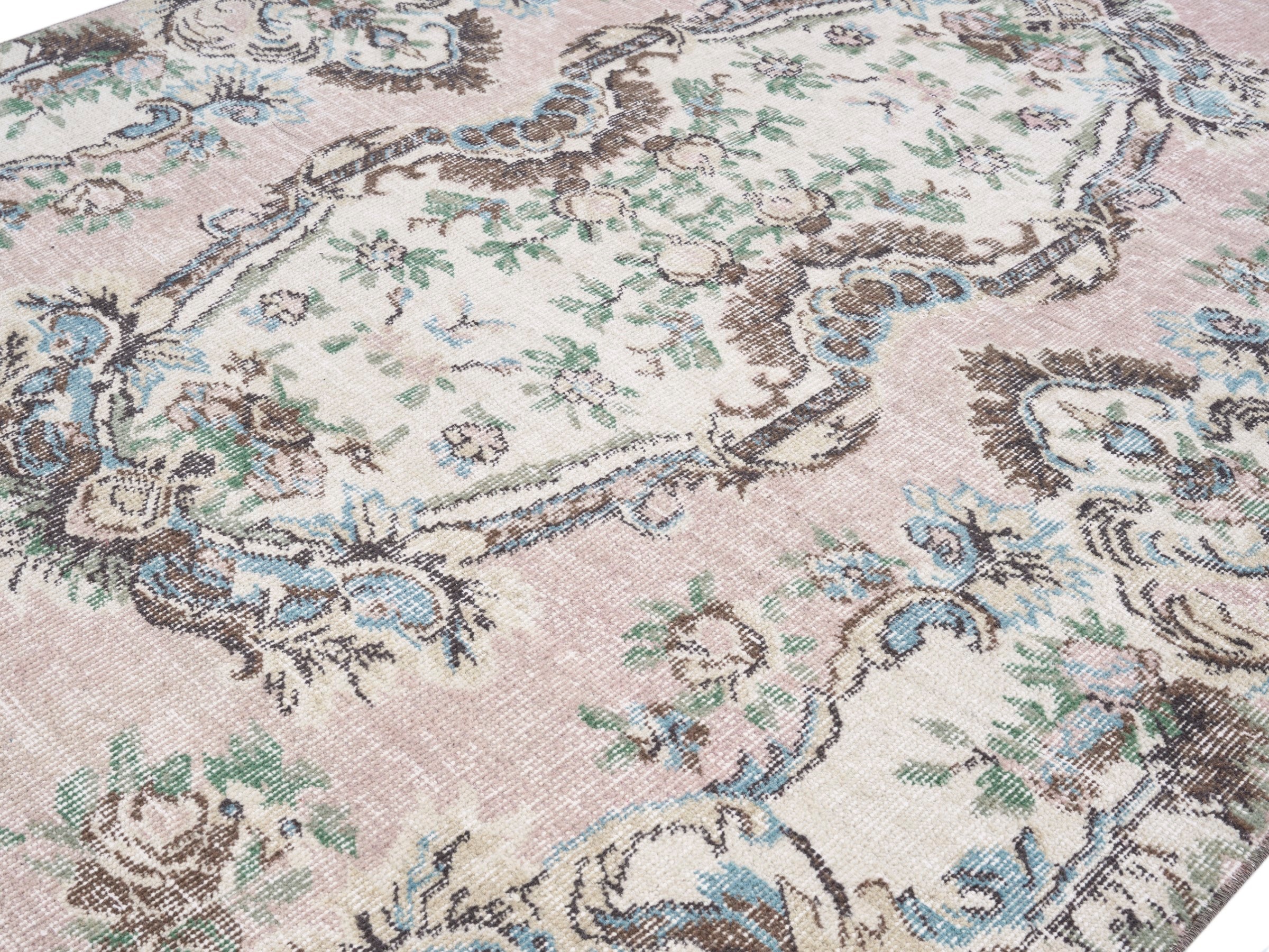 Turkish Isparta area rug in muted pink and cream, view 5 of 10