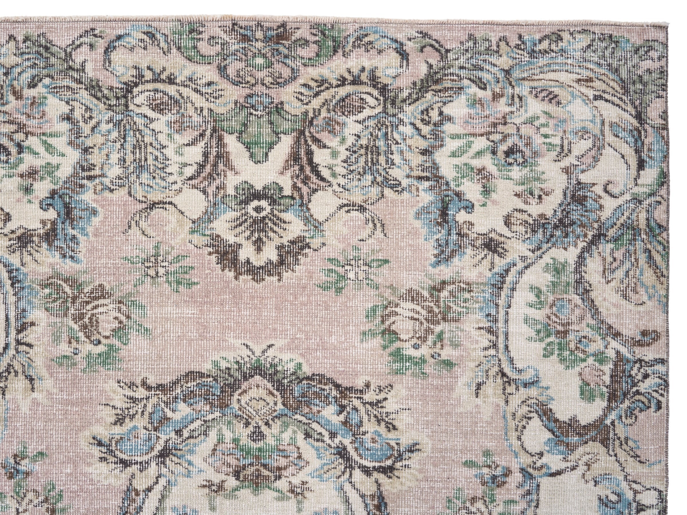 Turkish Isparta area rug in muted pink and cream, view 8 of 10