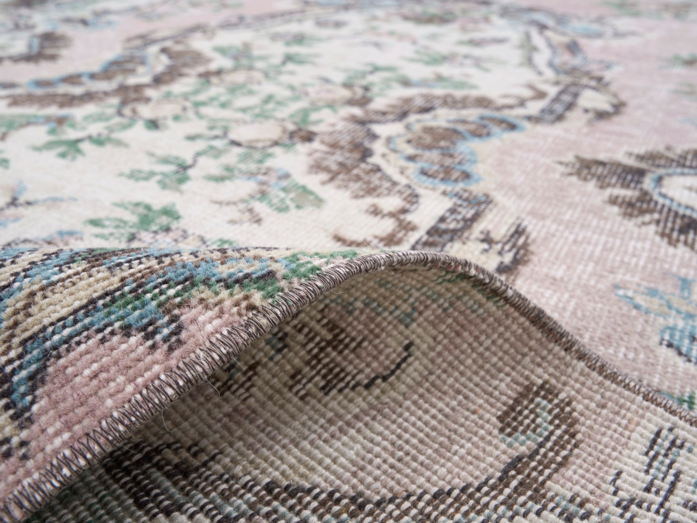 Turkish Isparta area rug in muted pink and cream, view 9 of 10