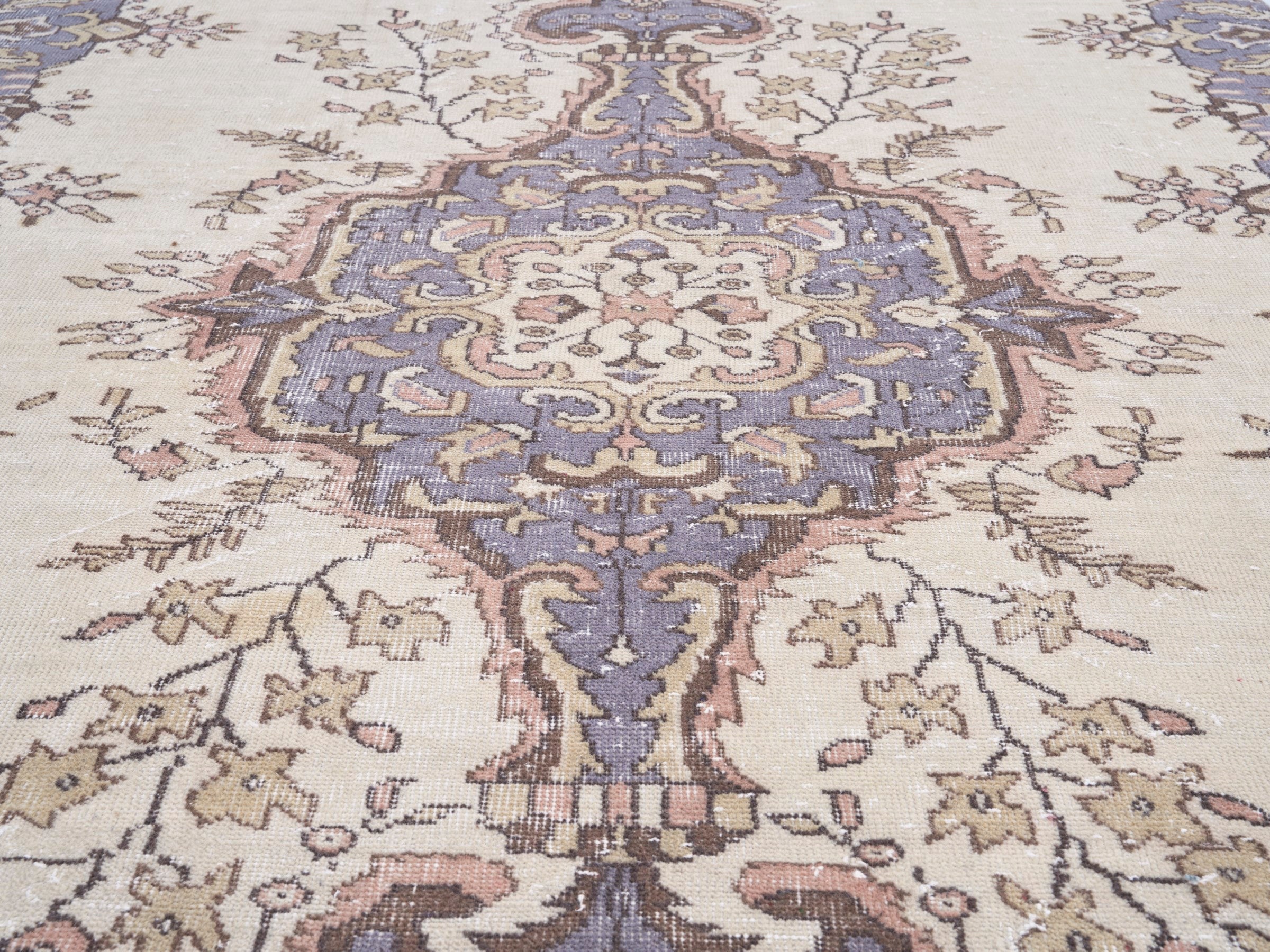Turkish Isparta area rug in ivory and slate blue, view 4 of 10