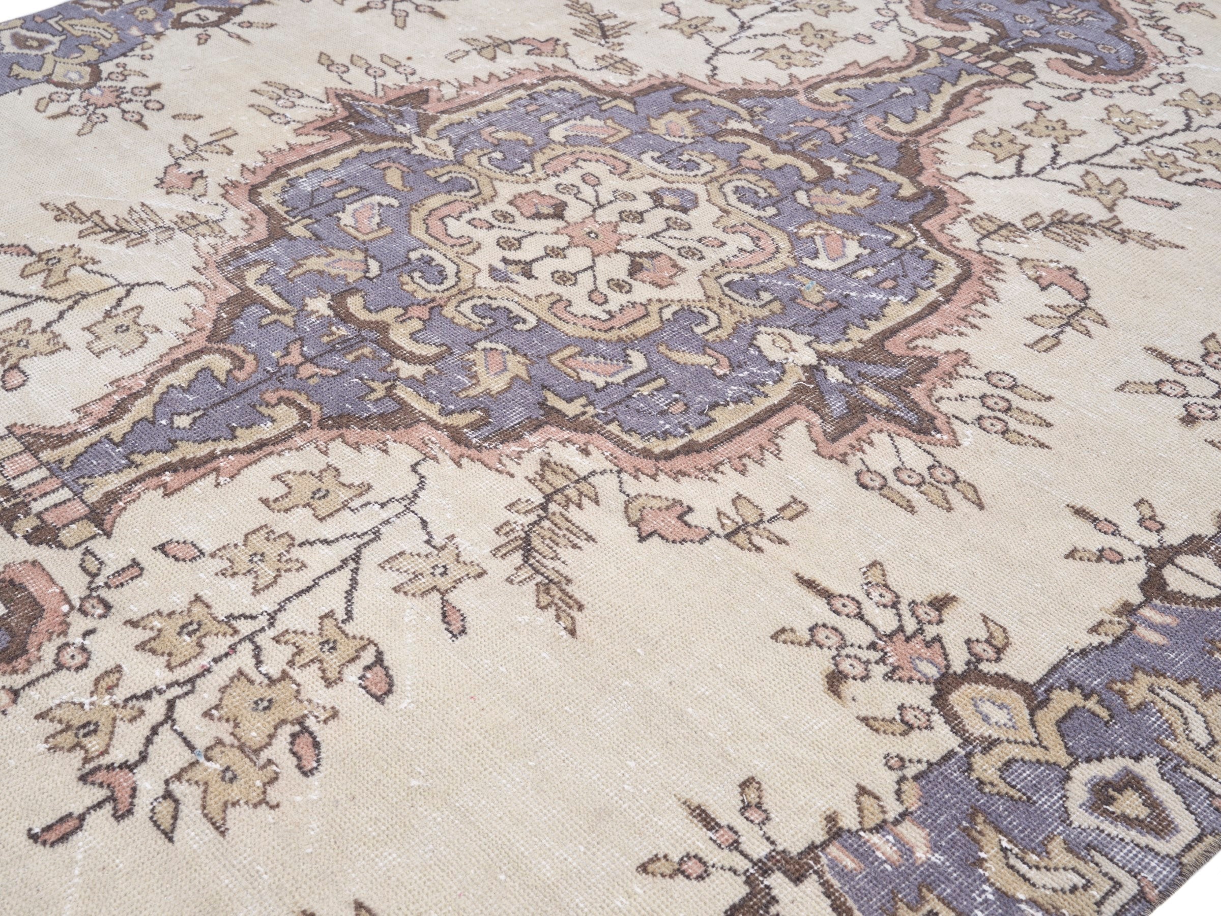 Turkish Isparta area rug in ivory and slate blue, view 5 of 10