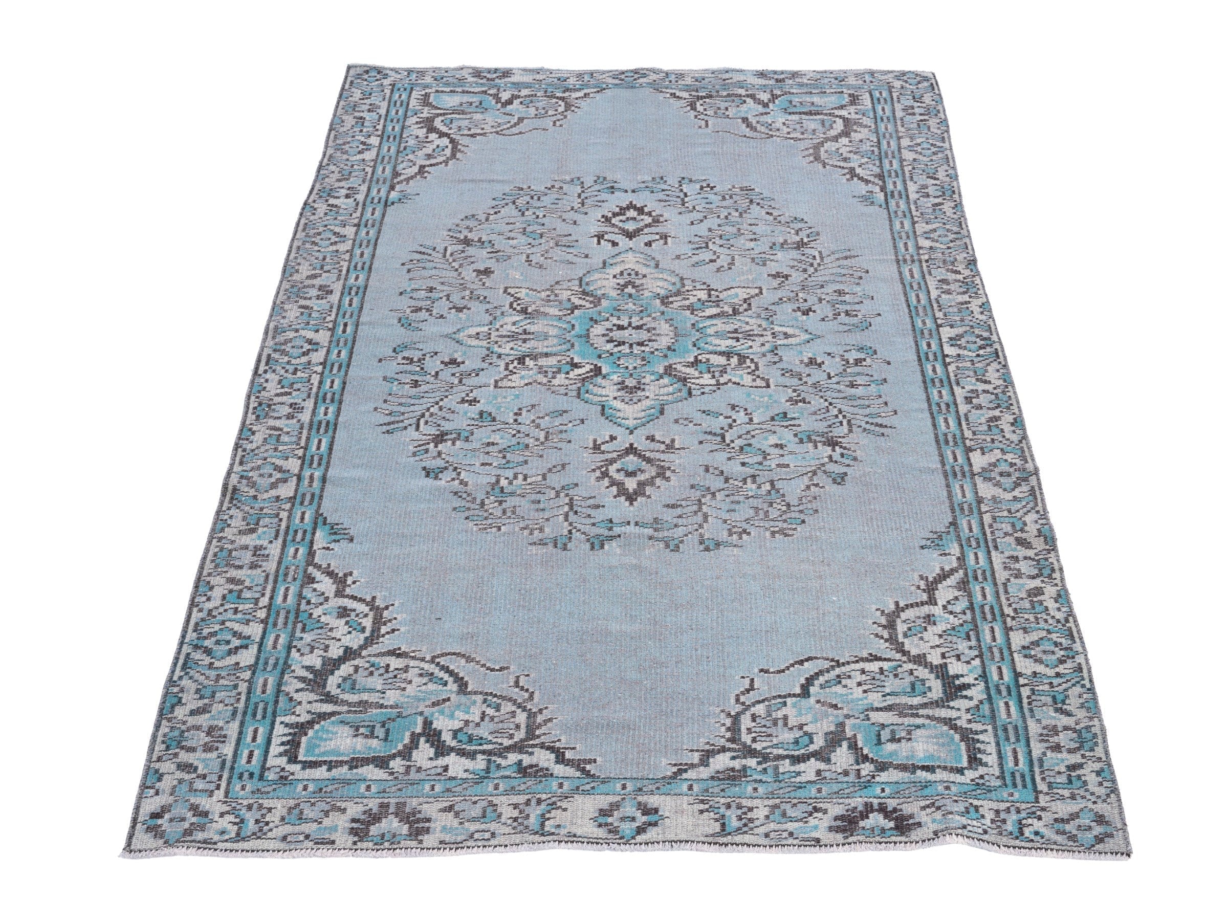 Turkish Manisa area rug in powder blue and blue gray, view 2 of 10
