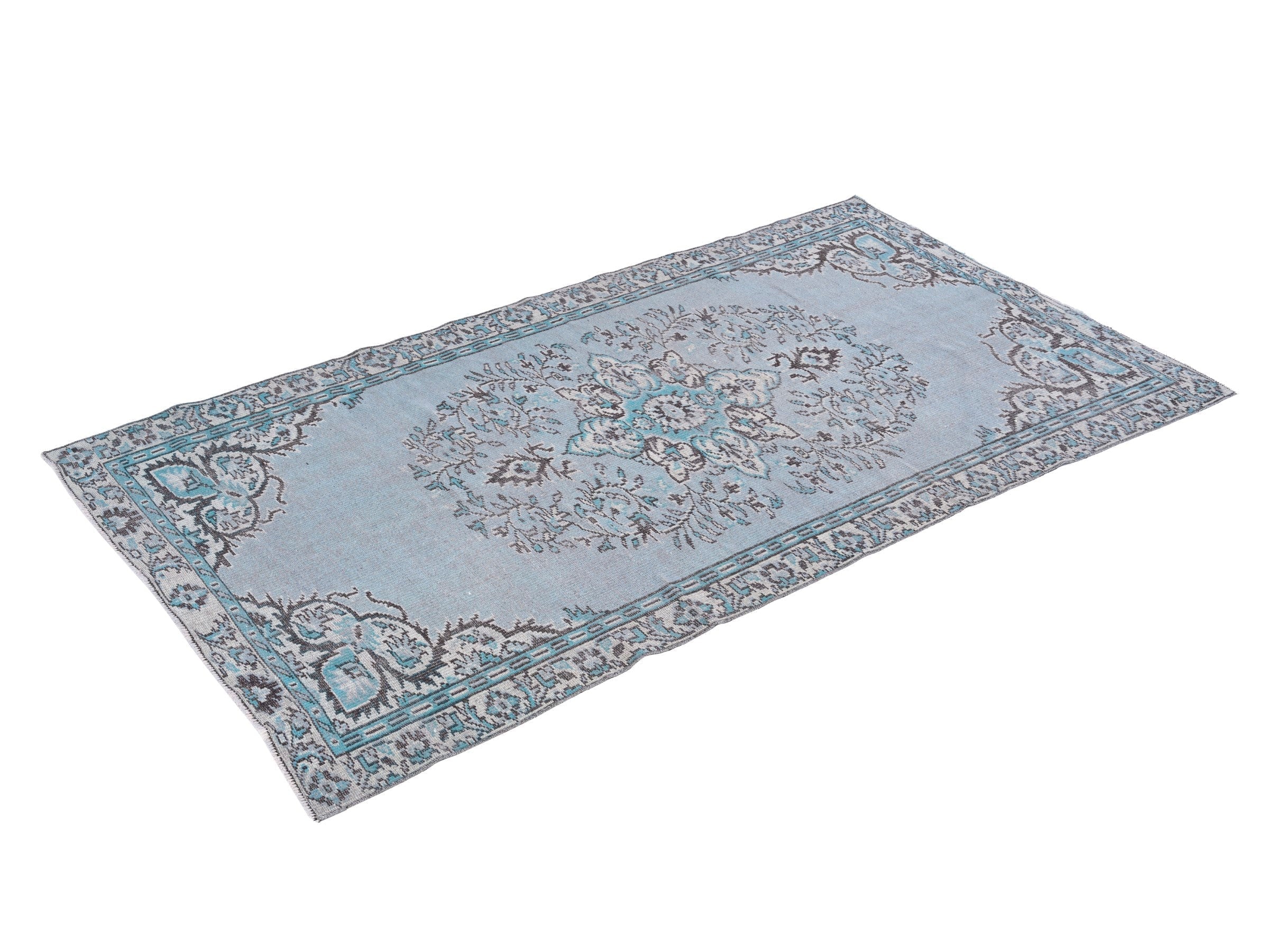 Turkish Manisa area rug in powder blue and blue gray, view 3 of 10