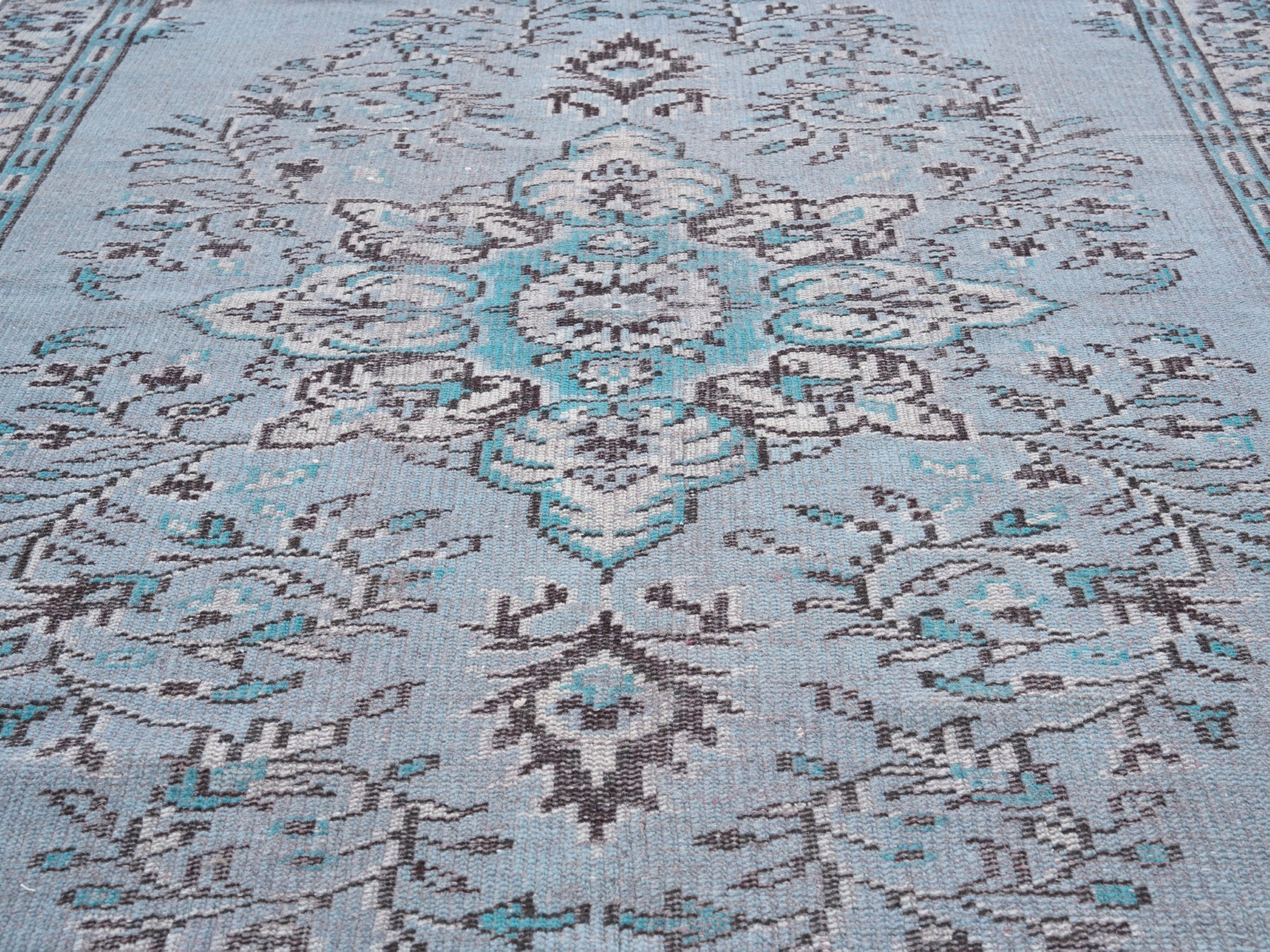 Turkish Manisa area rug in powder blue and blue gray, view 4 of 10