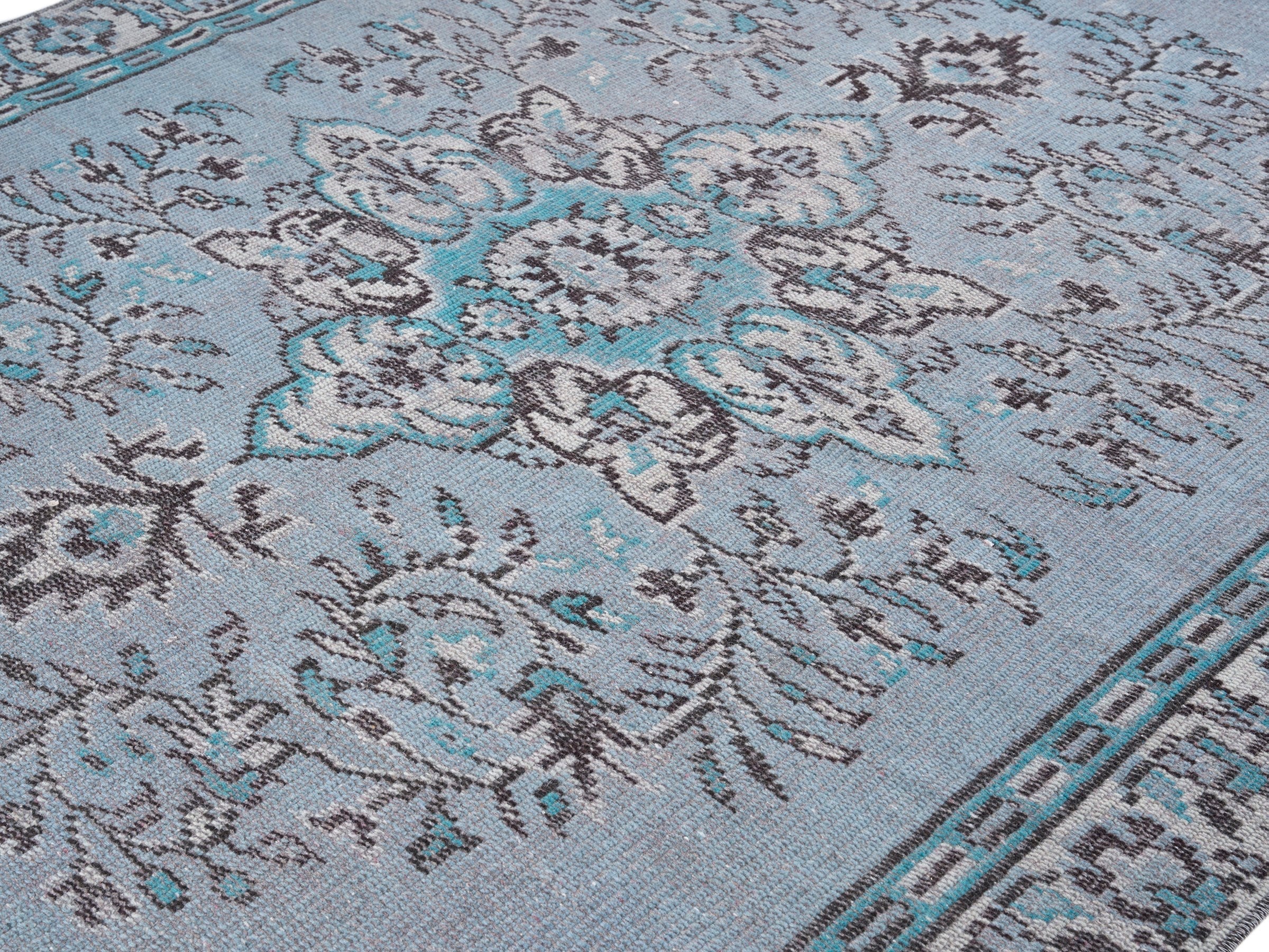 Turkish Manisa area rug in powder blue and blue gray, view 5 of 10
