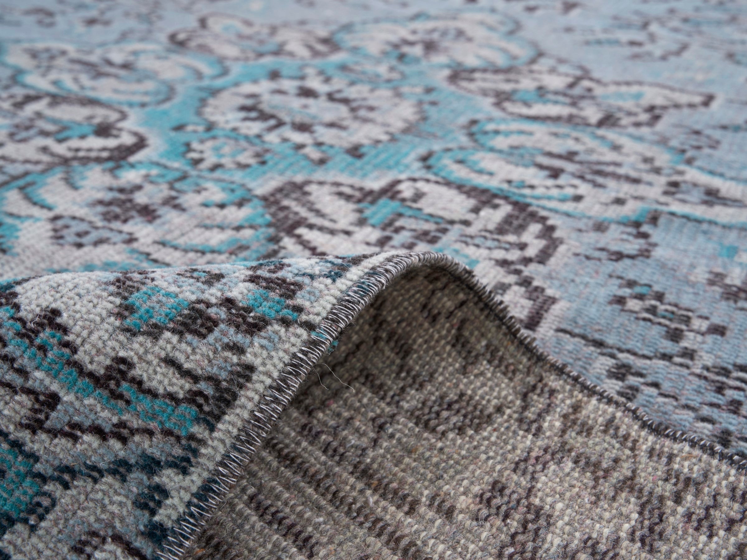 Turkish Manisa area rug in powder blue and blue gray, view 9 of 10
