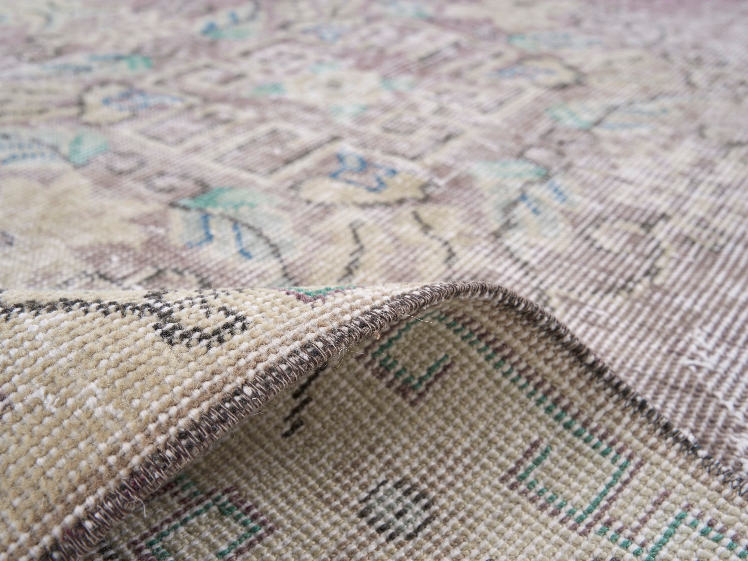 Turkish Isparta area rug in dusty rose and cream, view 9 of 10
