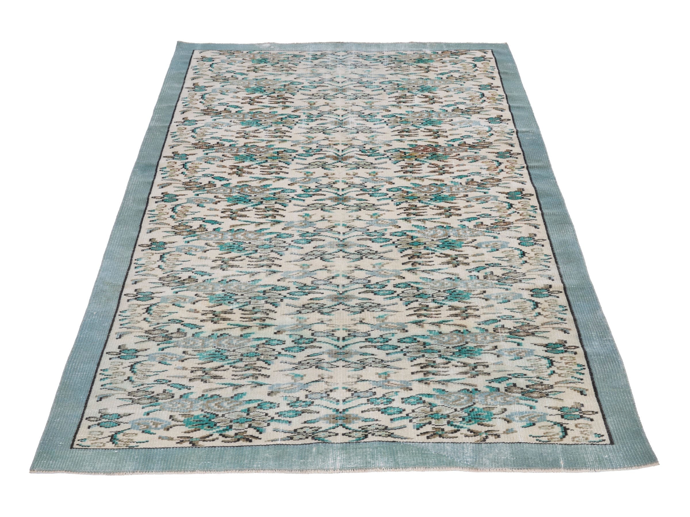 Turkish Manisa area rug in ivory and teal, view 2 of 10