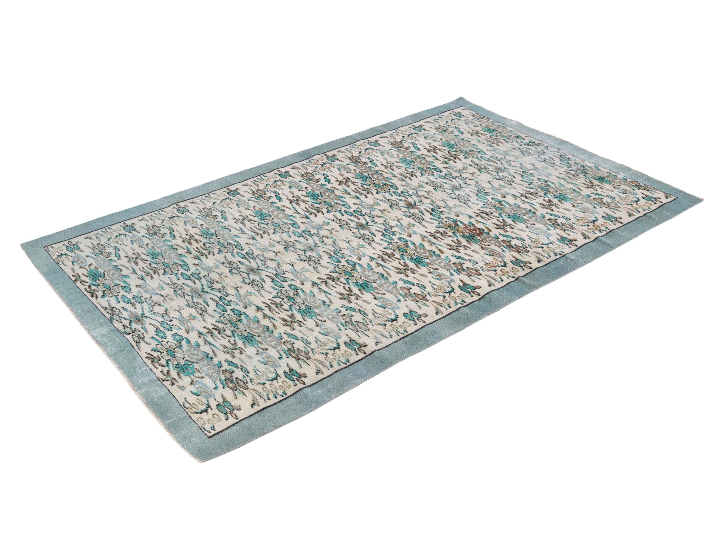 Turkish Manisa area rug in ivory and teal, view 3 of 10