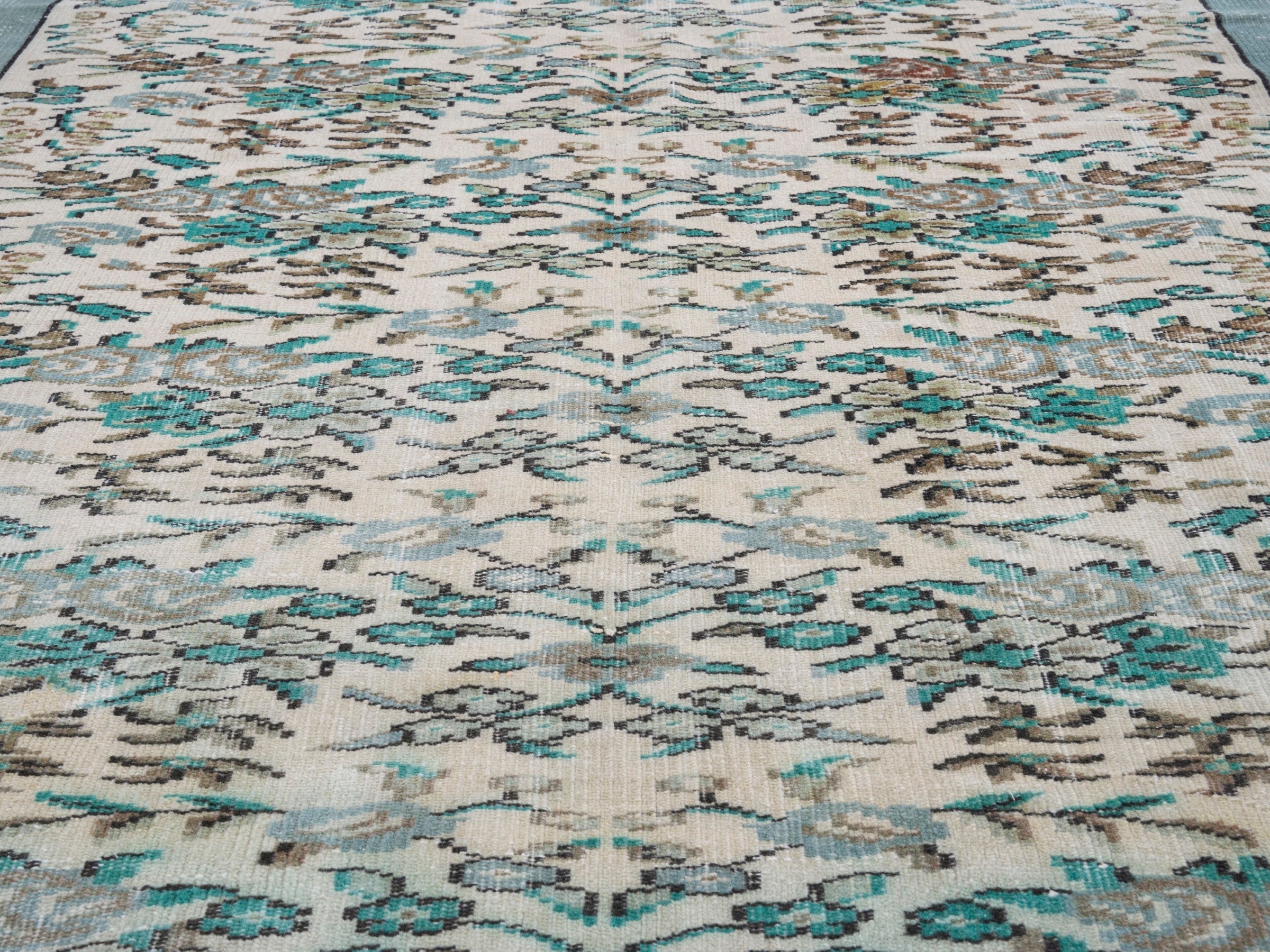 Turkish Manisa area rug in ivory and teal, view 4 of 10