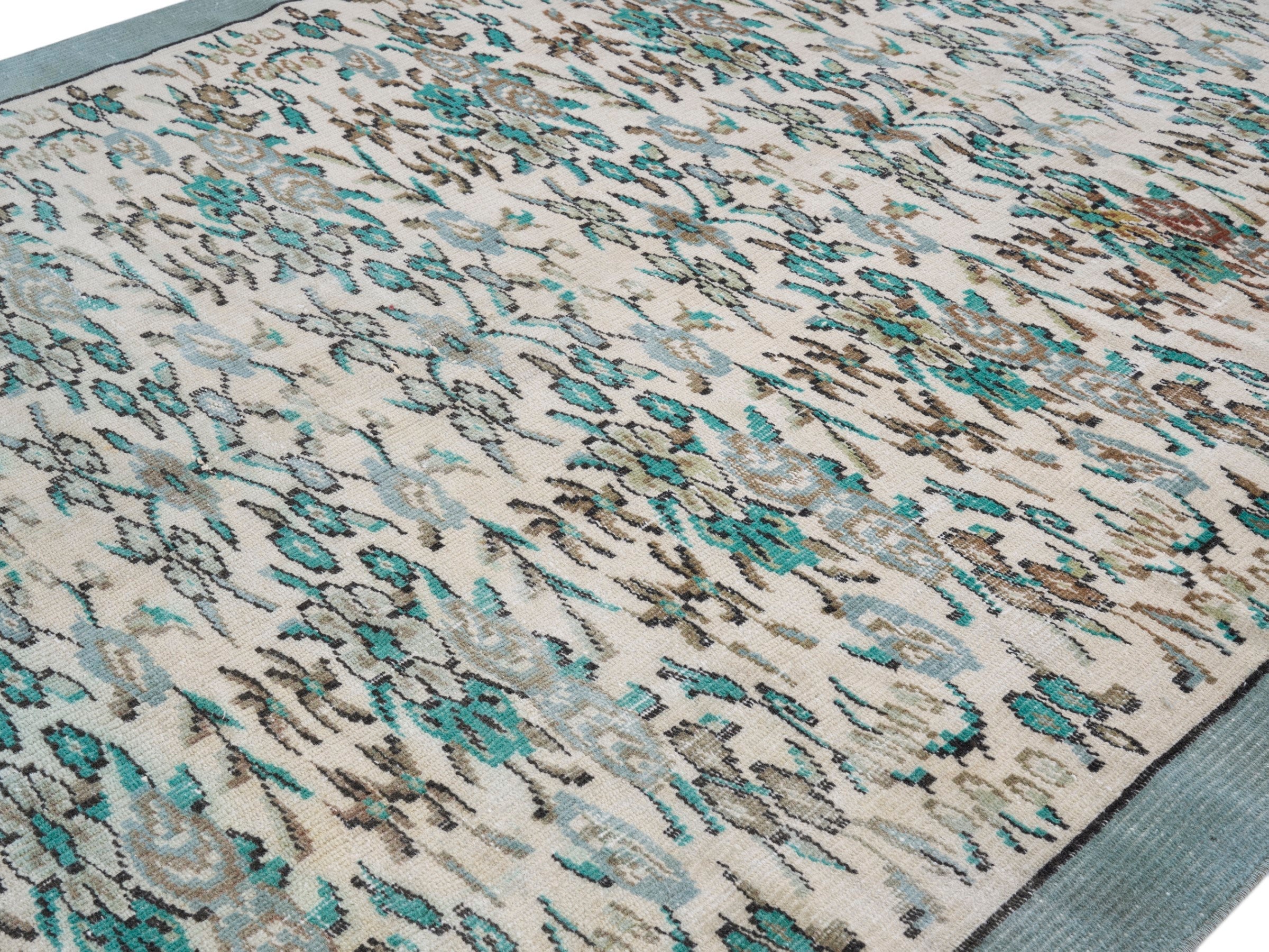 Turkish Manisa area rug in ivory and teal, view 5 of 10