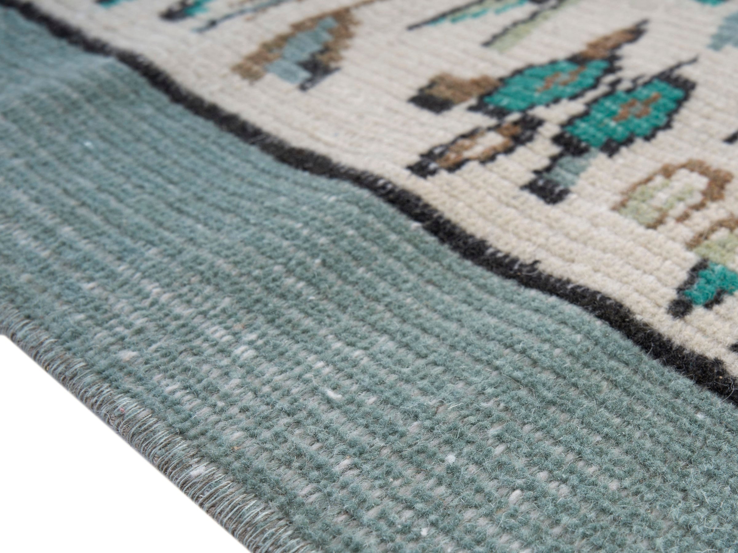 Turkish Manisa area rug in ivory and teal, view 6 of 10