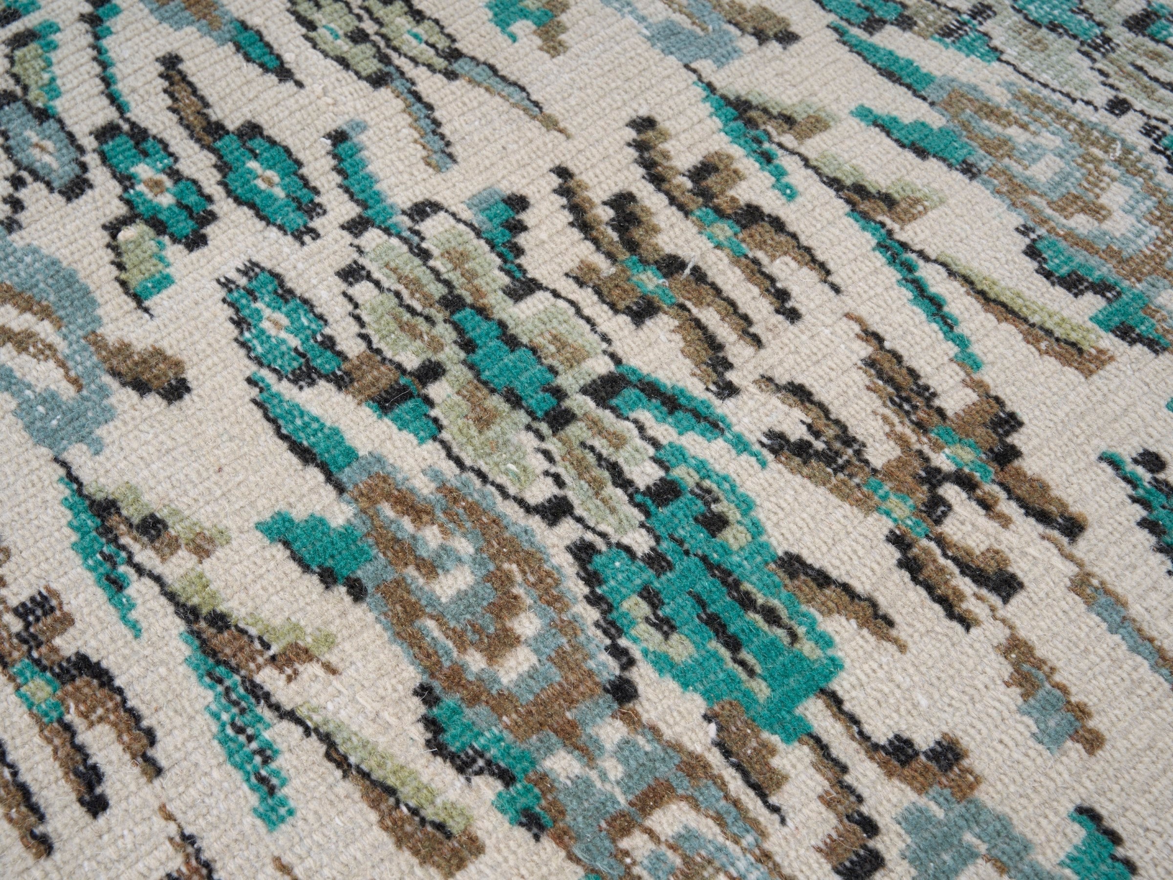 Turkish Manisa area rug in ivory and teal, view 7 of 10
