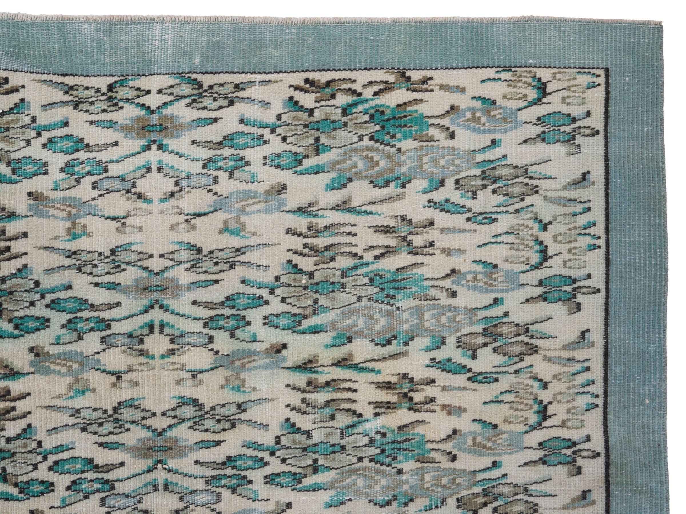 Turkish Manisa area rug in ivory and teal, view 8 of 10