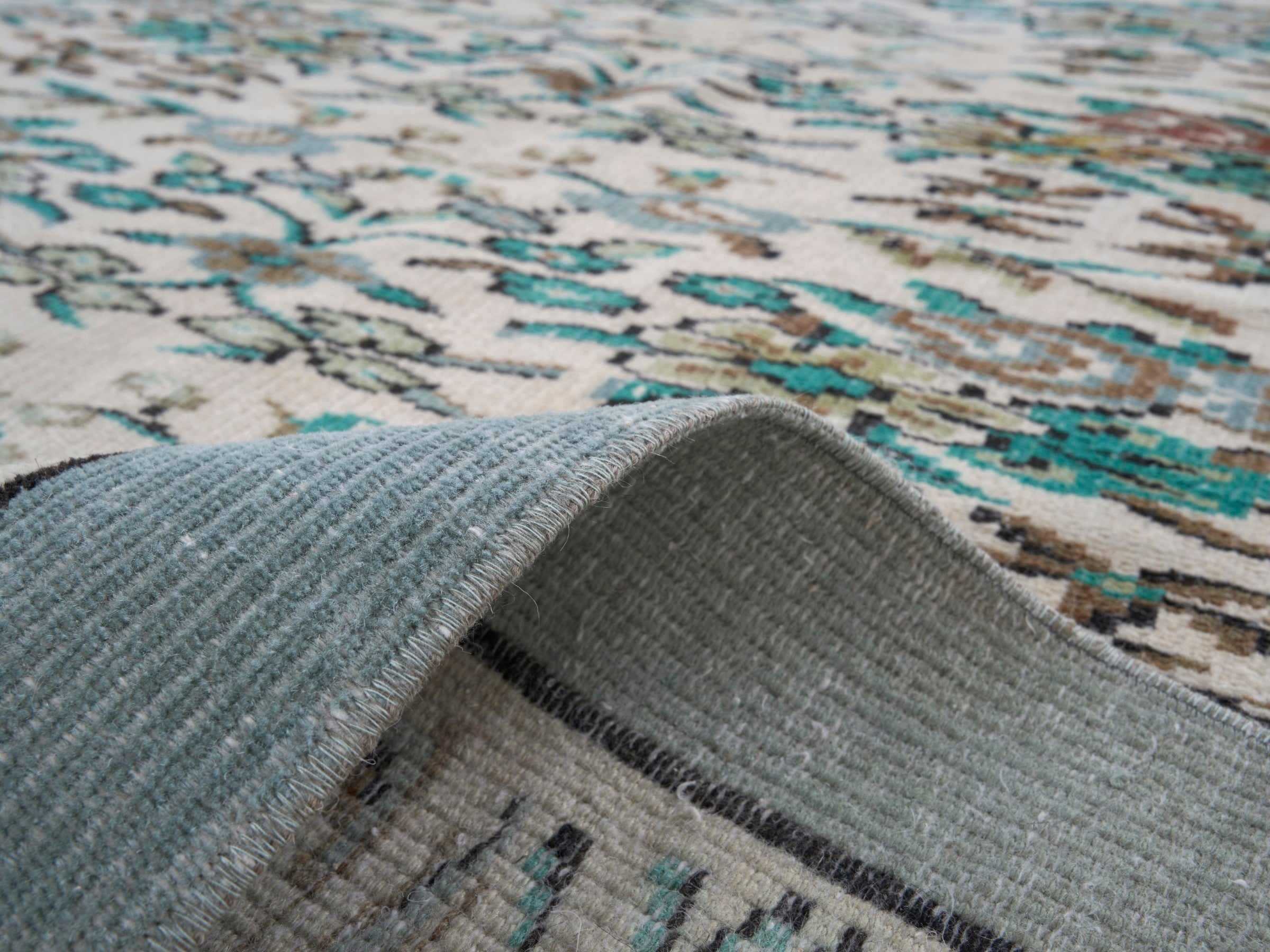 Turkish Manisa area rug in ivory and teal, view 9 of 10