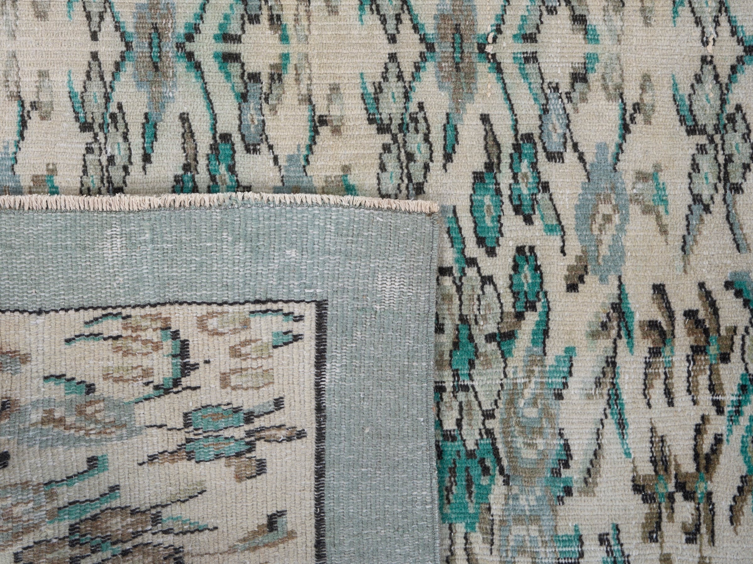 Turkish Manisa area rug in ivory and teal, view 10 of 10