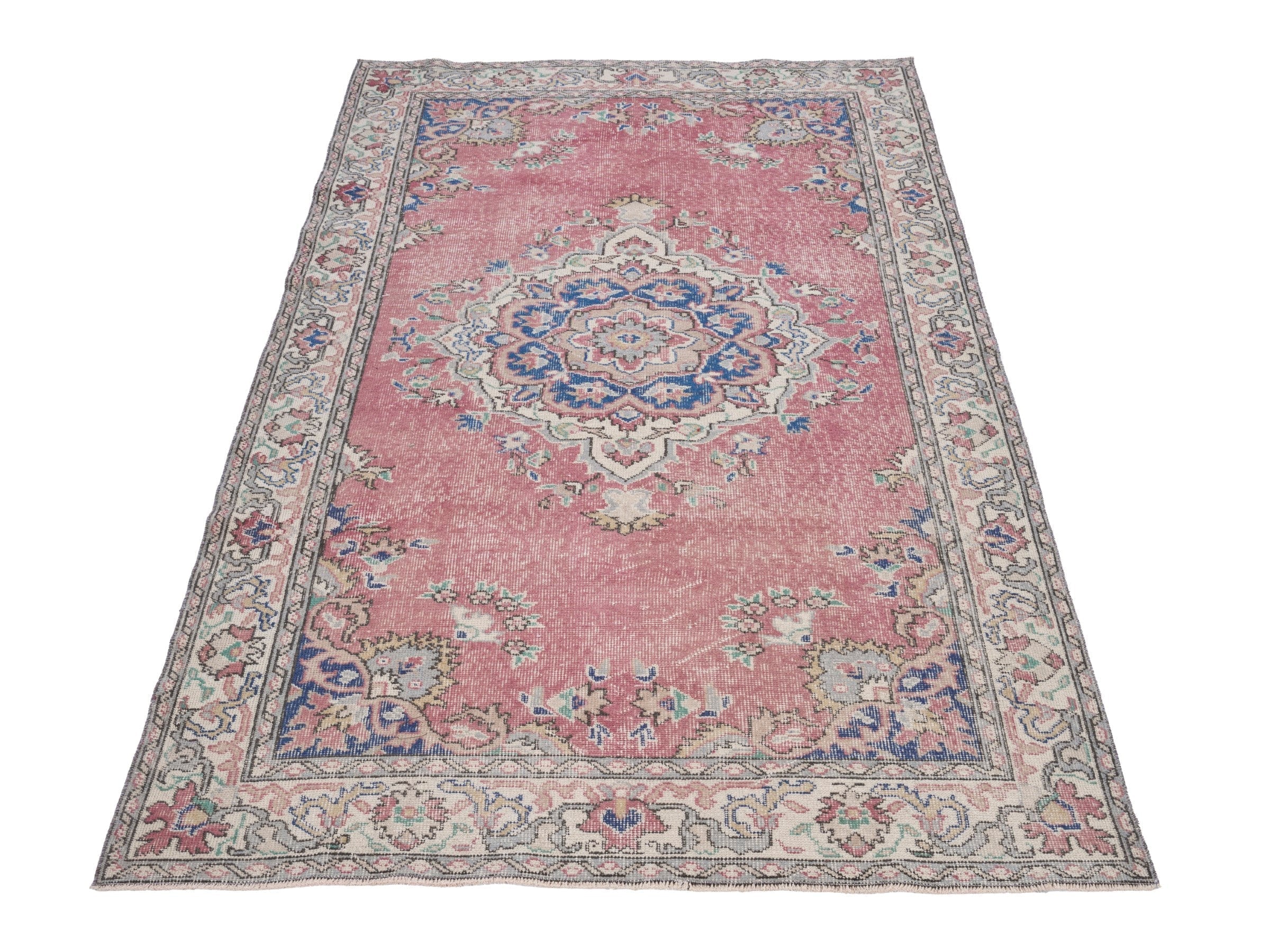 Turkish Isparta area rug in muted pink and off-white, view 2 of 10