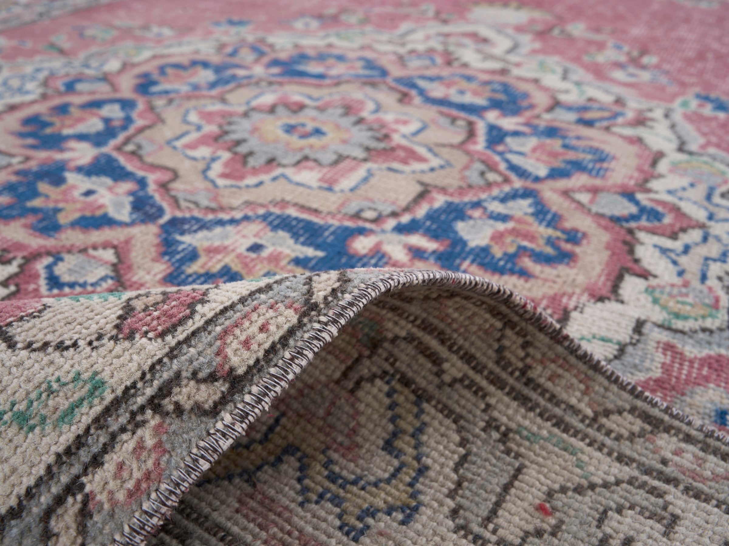 Turkish Isparta area rug in muted pink and off-white, view 9 of 10