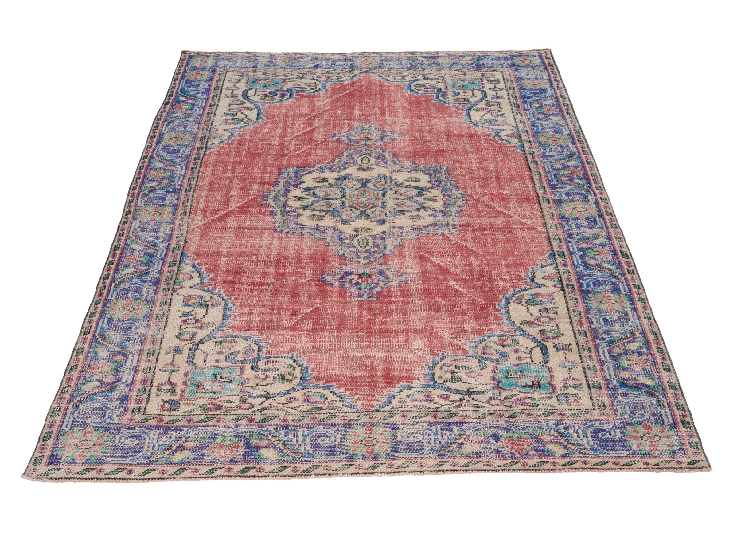 Turkish Manisa area rug in faded red and navy, view 2 of 10