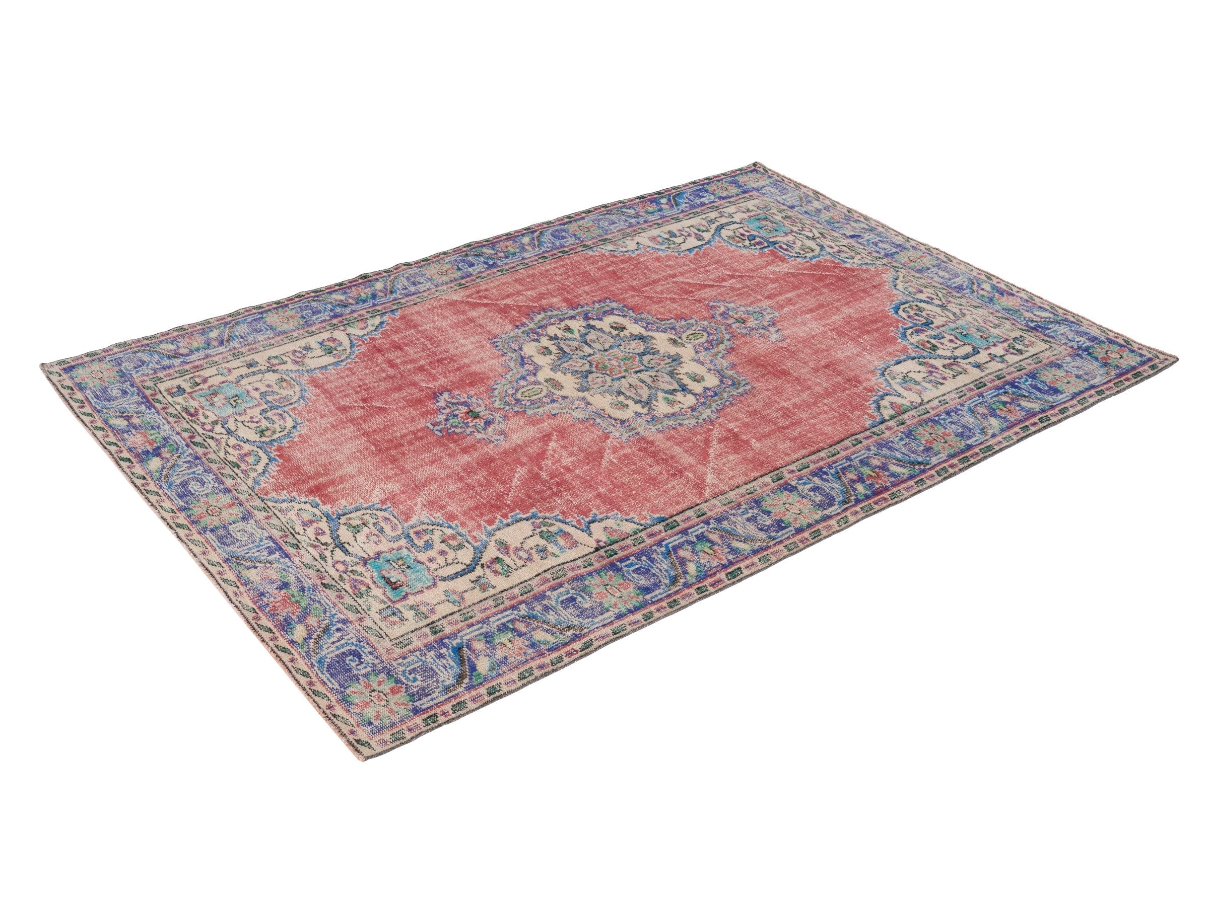 Turkish Manisa area rug in faded red and navy, view 3 of 10
