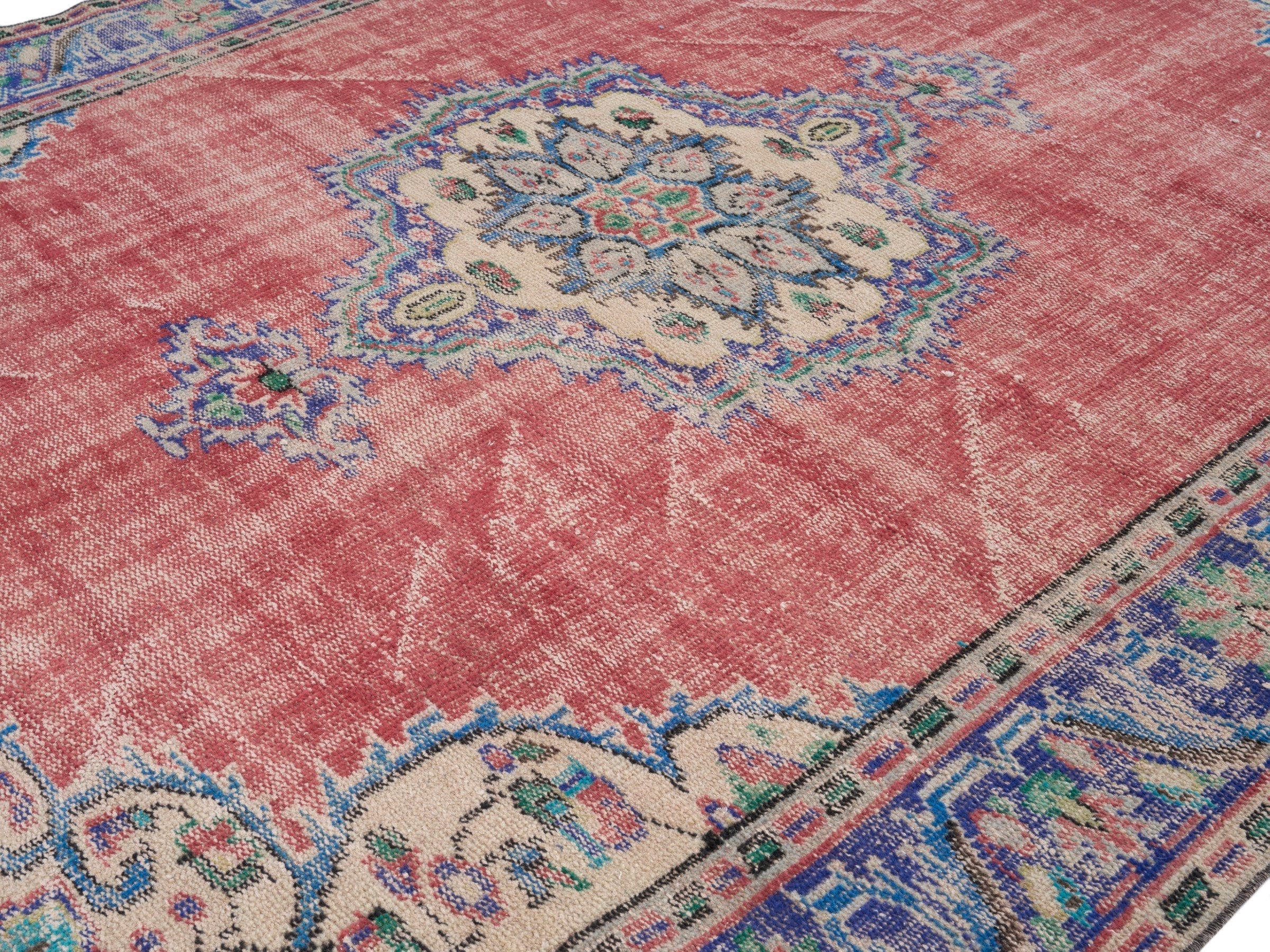 Turkish Manisa area rug in faded red and navy, view 5 of 10