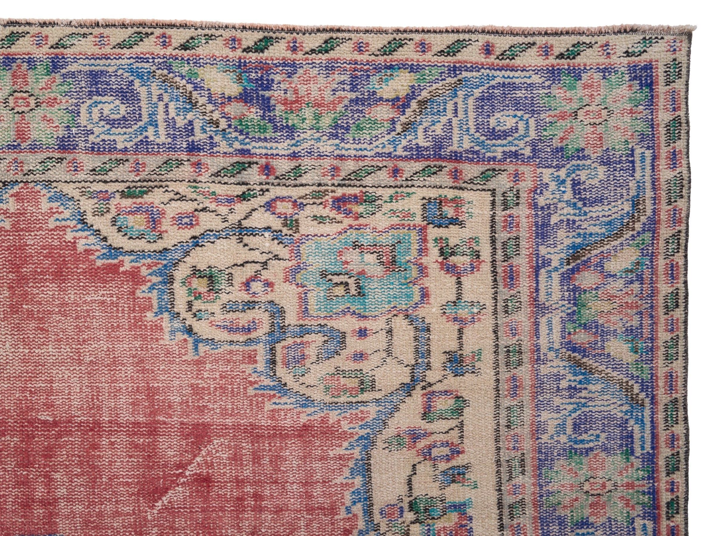 Turkish Manisa area rug in faded red and navy, view 8 of 10