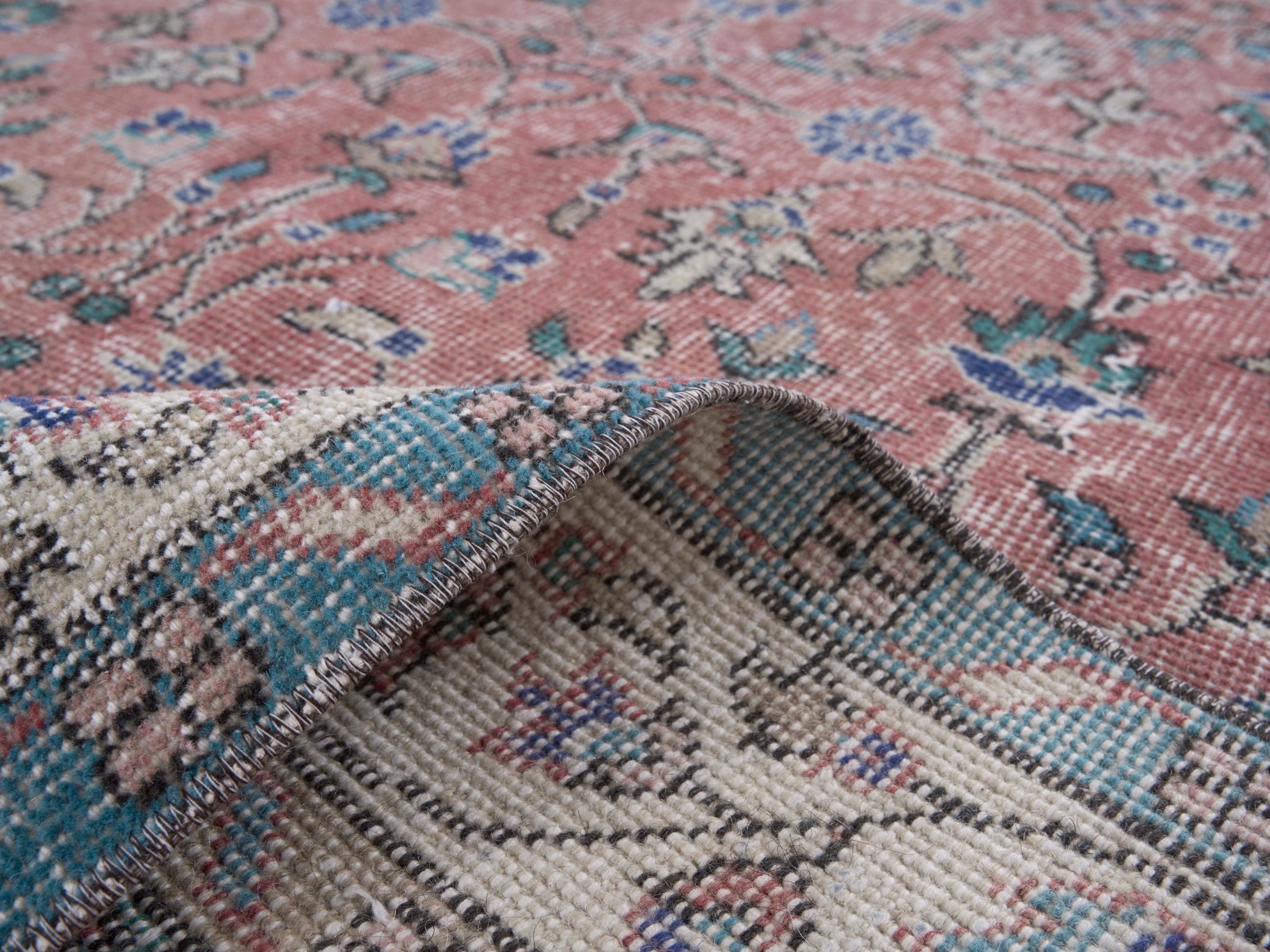 Turkish Isparta area rug in dusty rose and cream, view 9 of 10