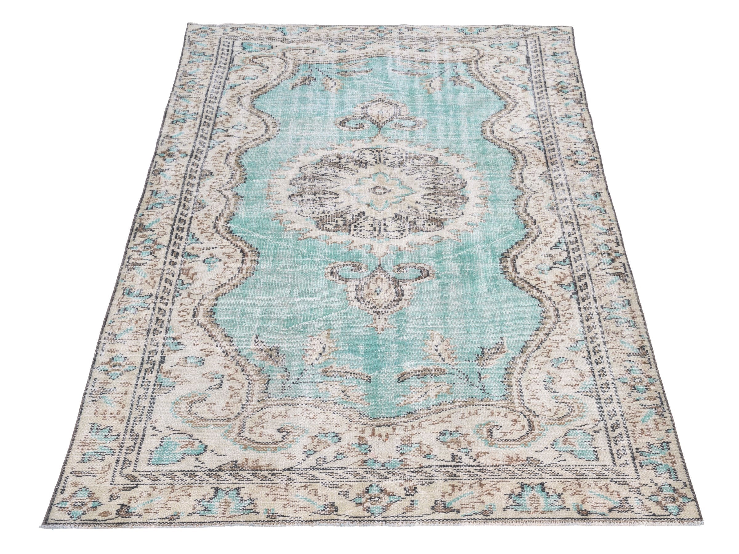 Turkish Manisa area rug in turquoise and cream, view 2 of 10