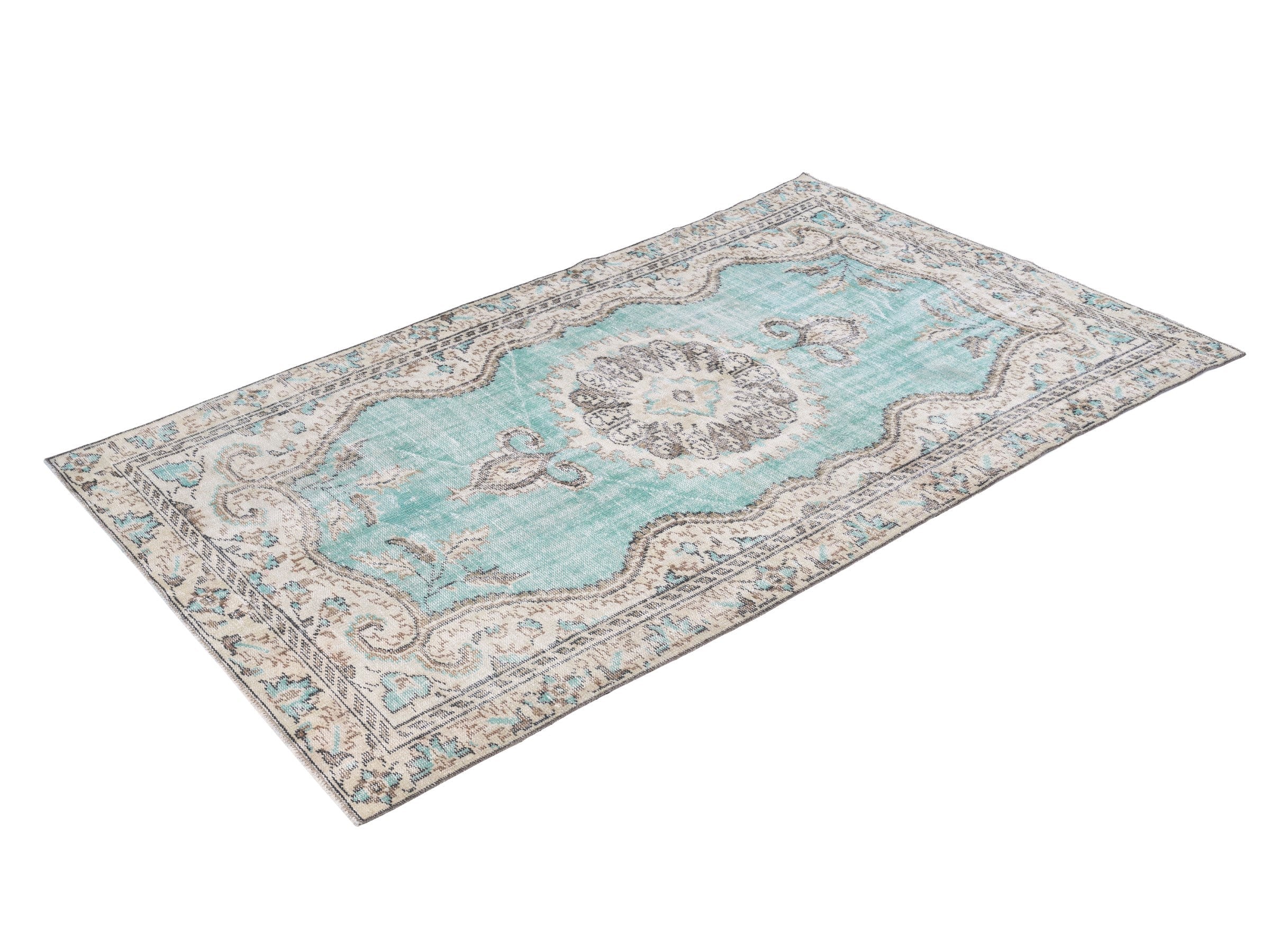 Turkish Manisa area rug in turquoise and cream, view 3 of 10
