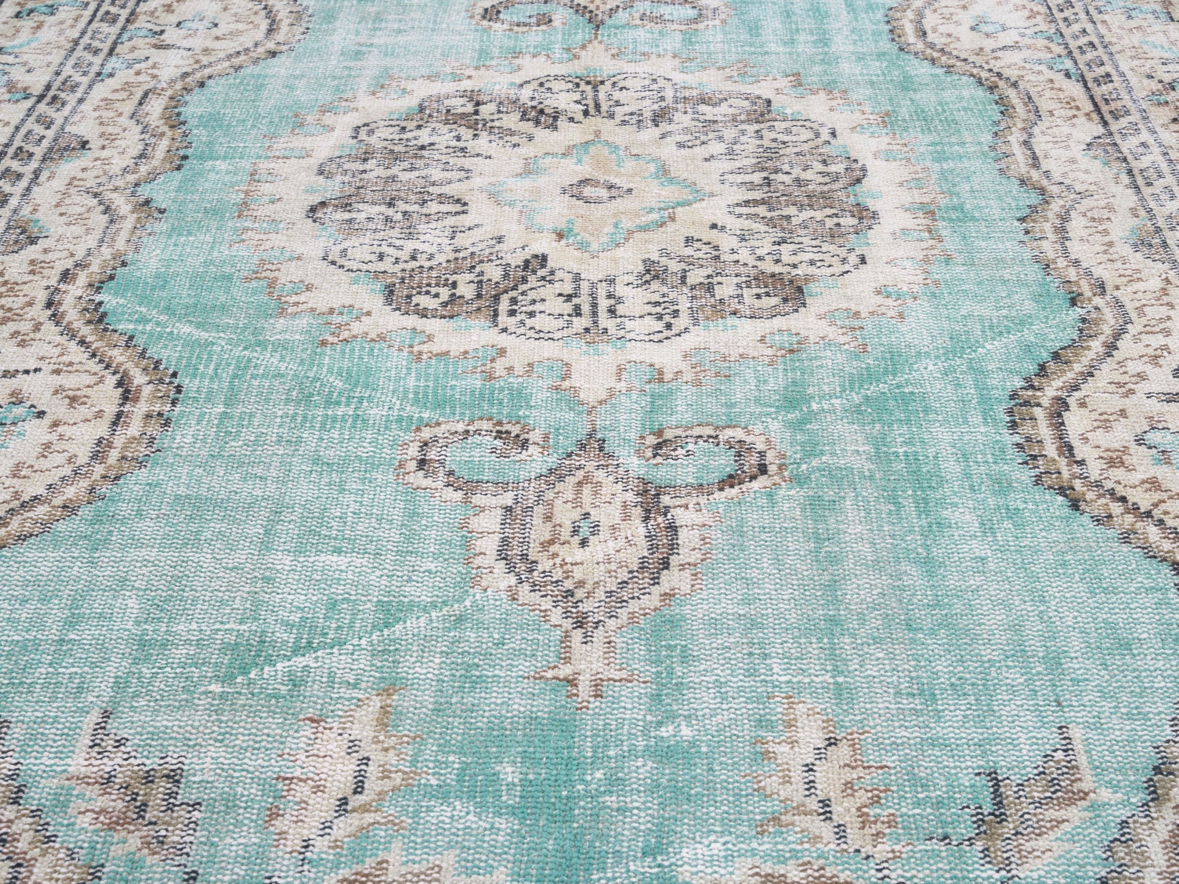 Turkish Manisa area rug in turquoise and cream, view 4 of 10