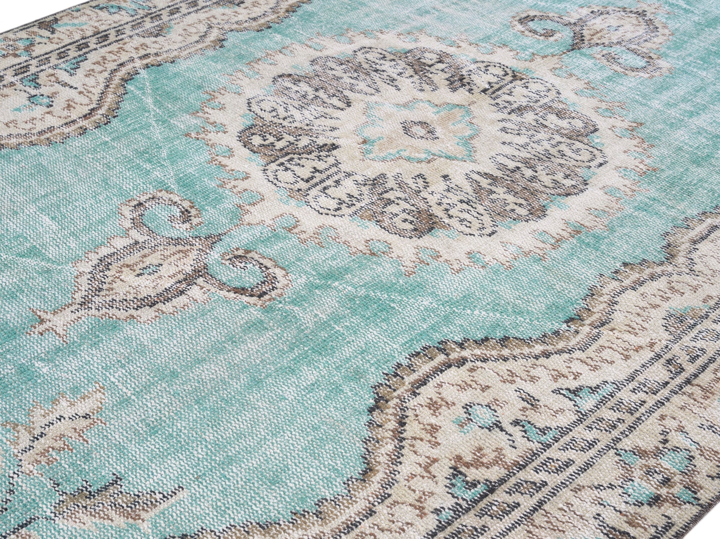 Turkish Manisa area rug in turquoise and cream, view 5 of 10