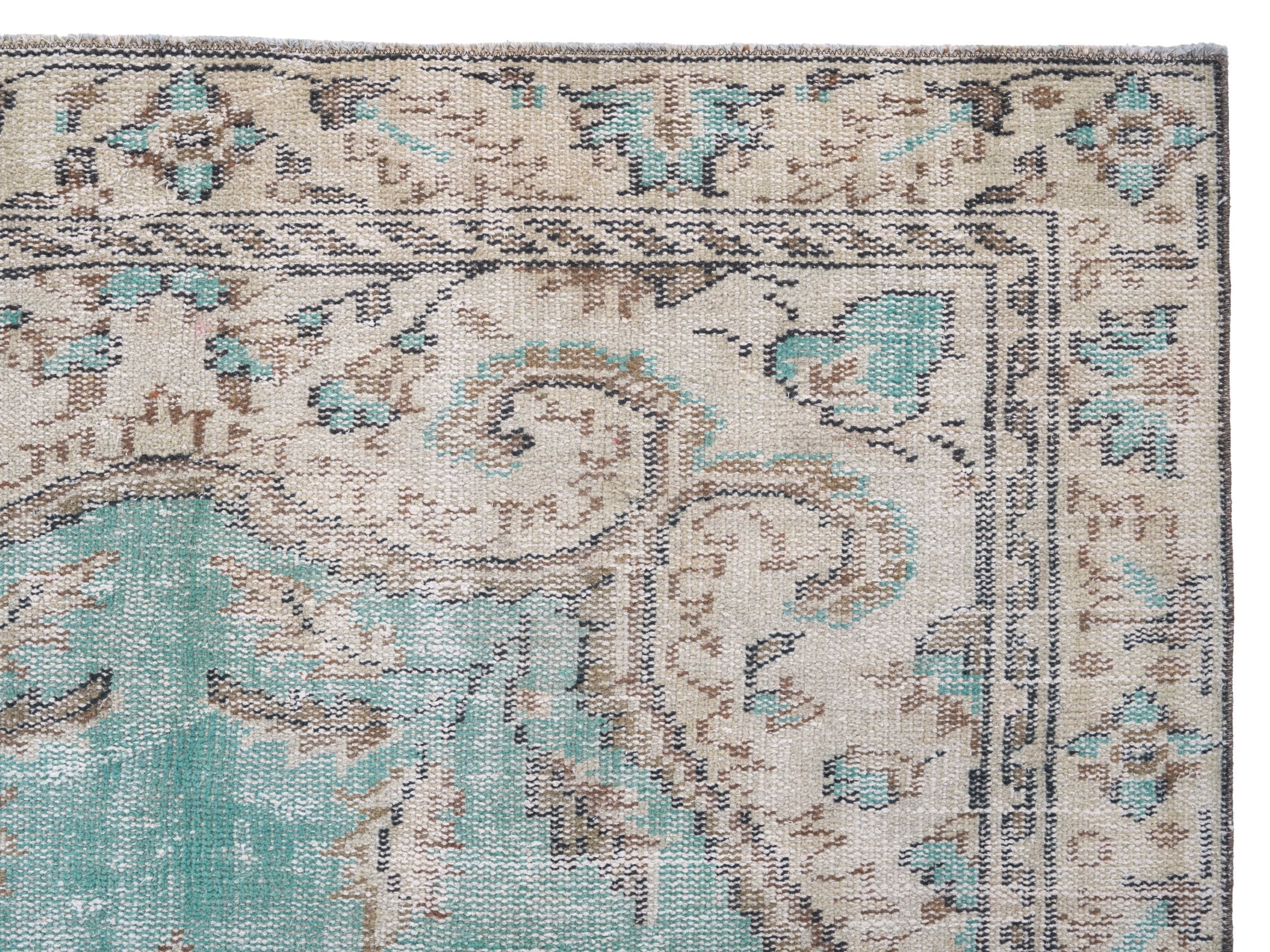 Turkish Manisa area rug in turquoise and cream, view 8 of 10
