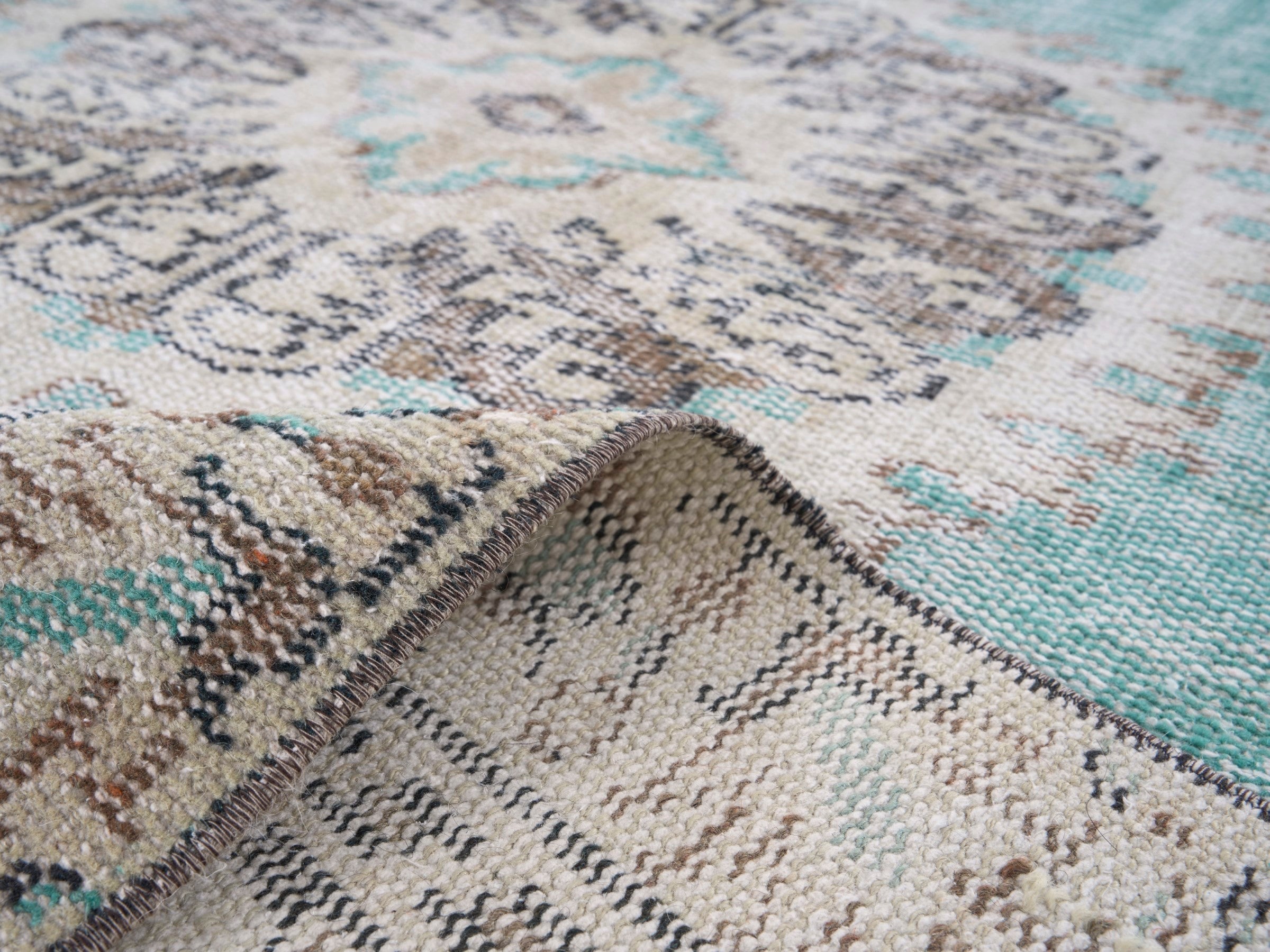 Turkish Manisa area rug in turquoise and cream, view 9 of 10