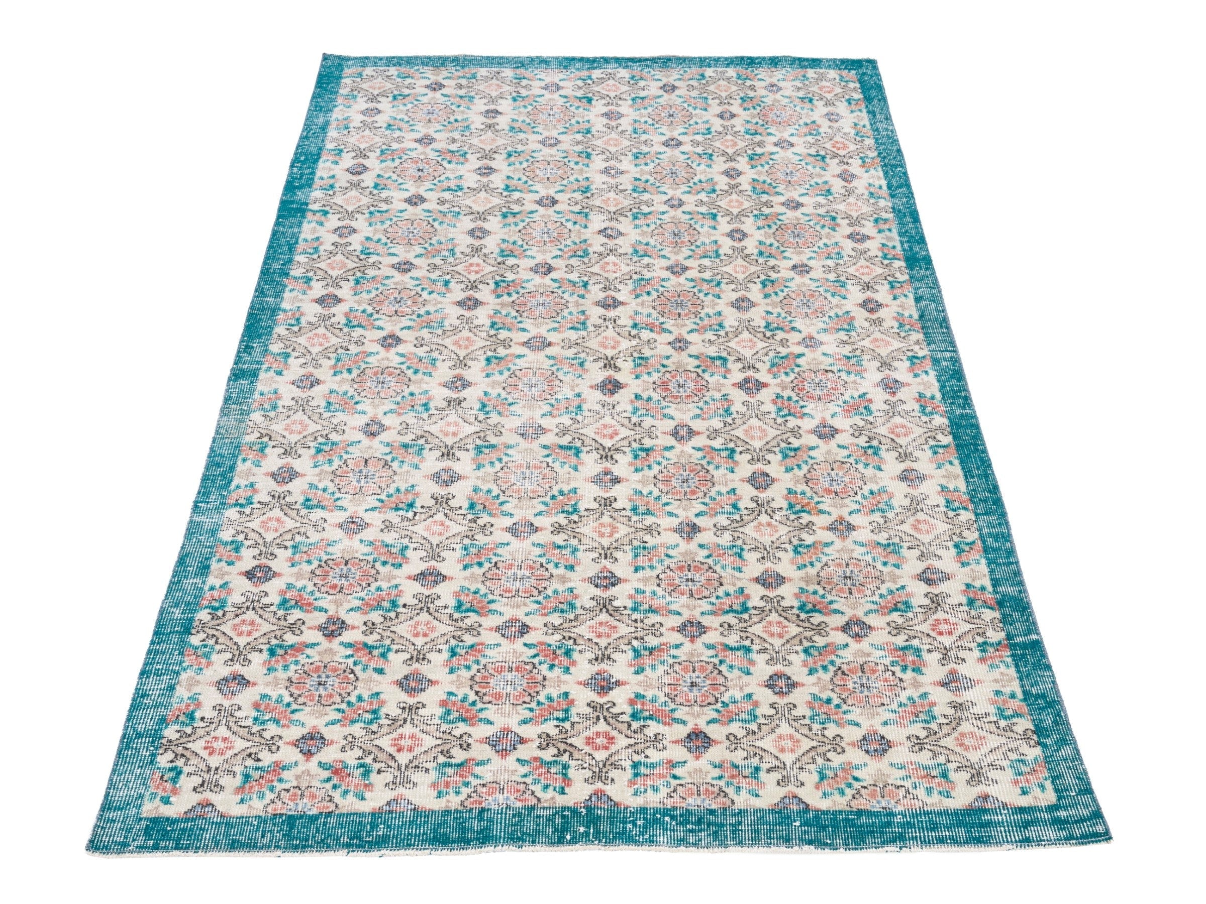 Turkish Isparta area rug in off-white and teal, view 2 of 10
