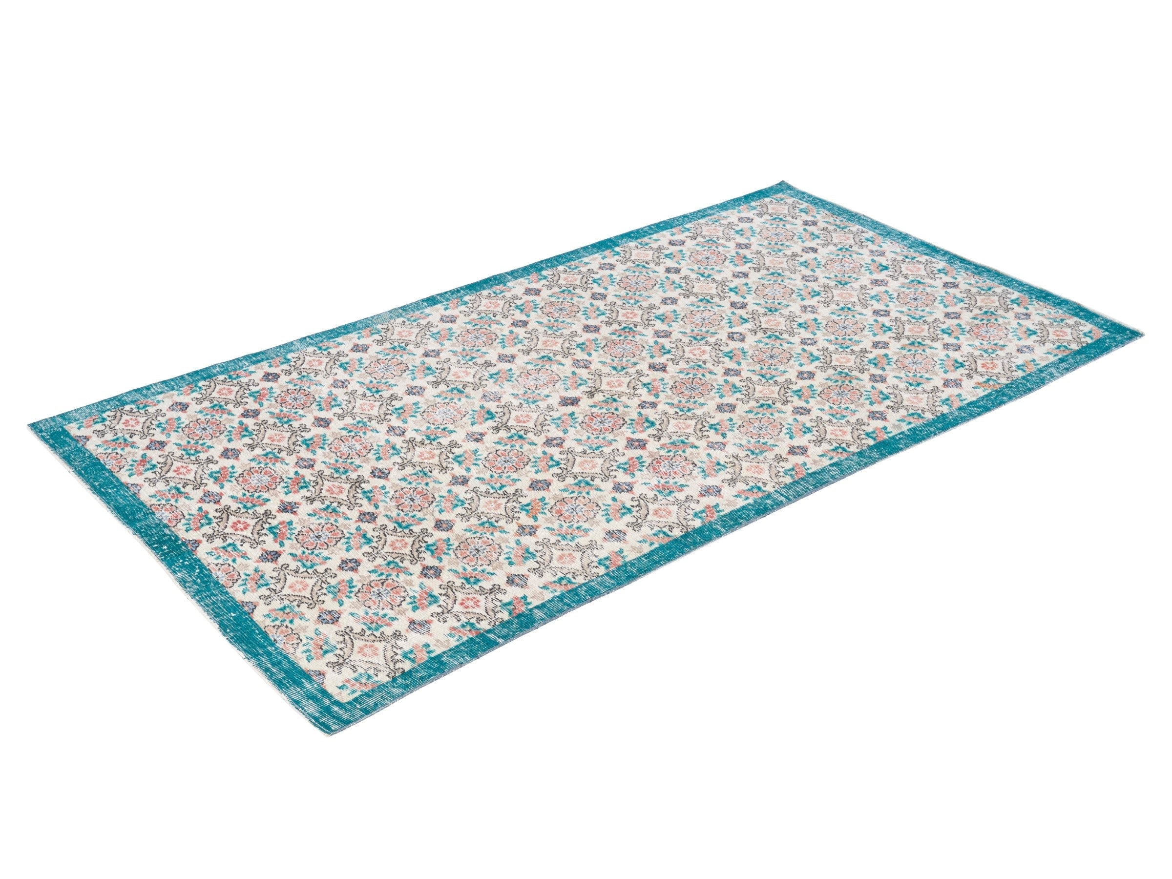 Turkish Isparta area rug in off-white and teal, view 3 of 10