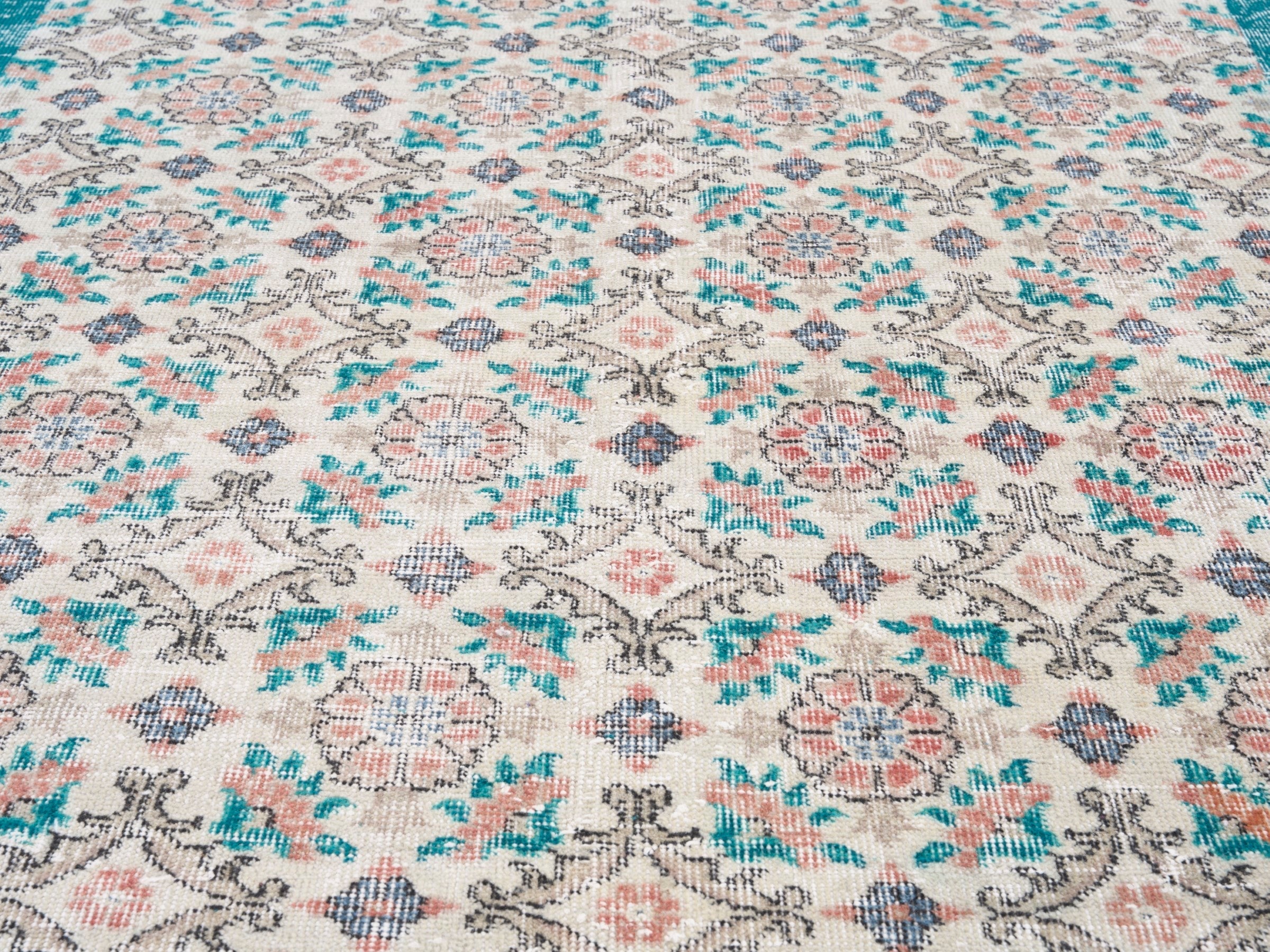Turkish Isparta area rug in off-white and teal, view 4 of 10