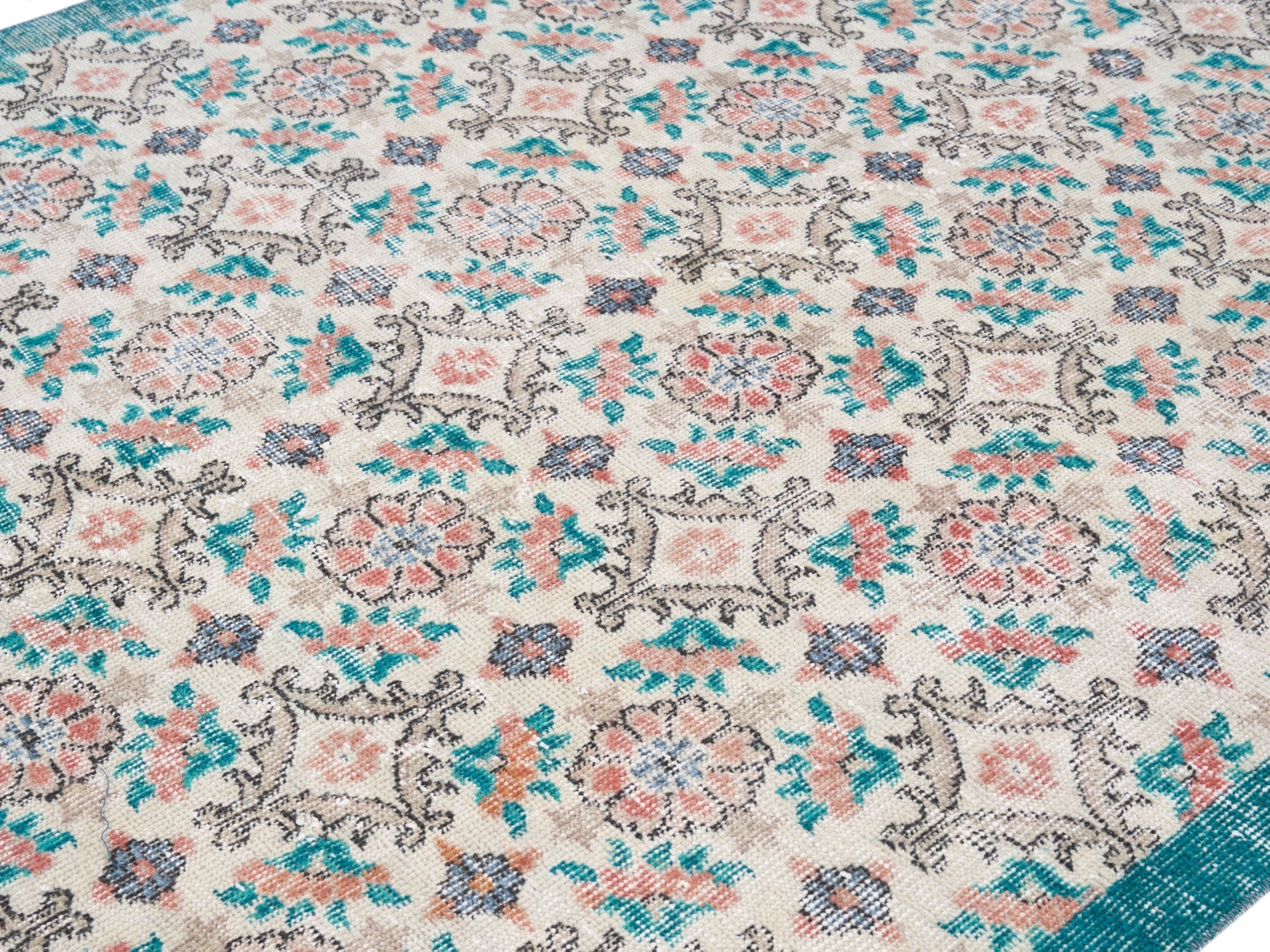 Turkish Isparta area rug in off-white and teal, view 5 of 10