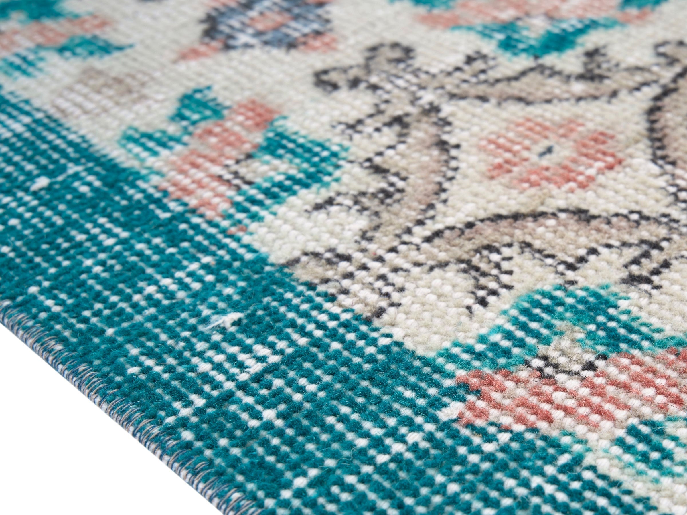 Turkish Isparta area rug in off-white and teal, view 6 of 10