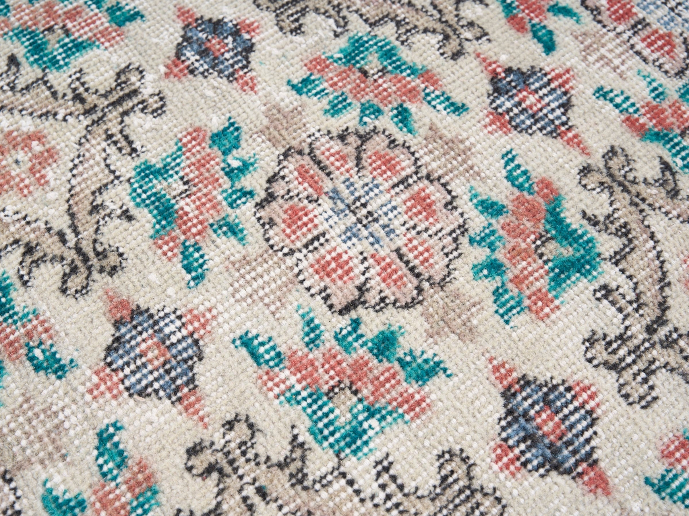 Turkish Isparta area rug in off-white and teal, view 7 of 10